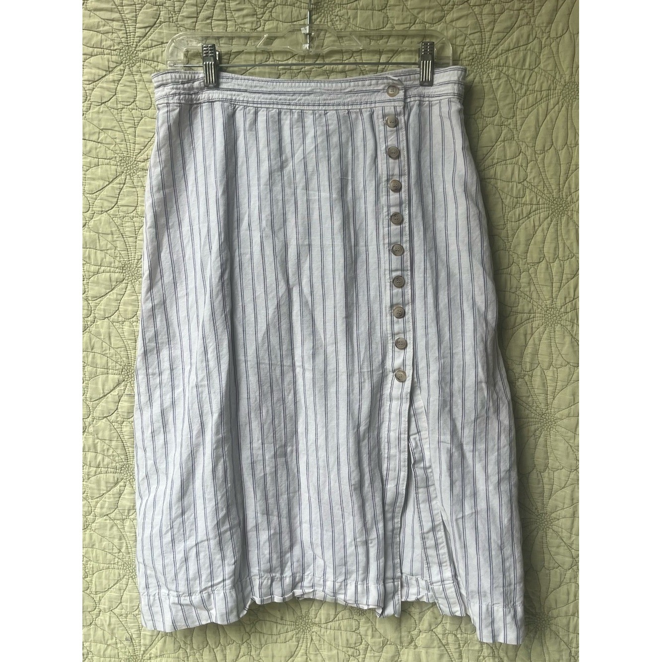Madewell Linen Blue and White Striped Button-Front Midi Skirt Madewell Linen Blue and White Striped Button-Front Midi Skirt