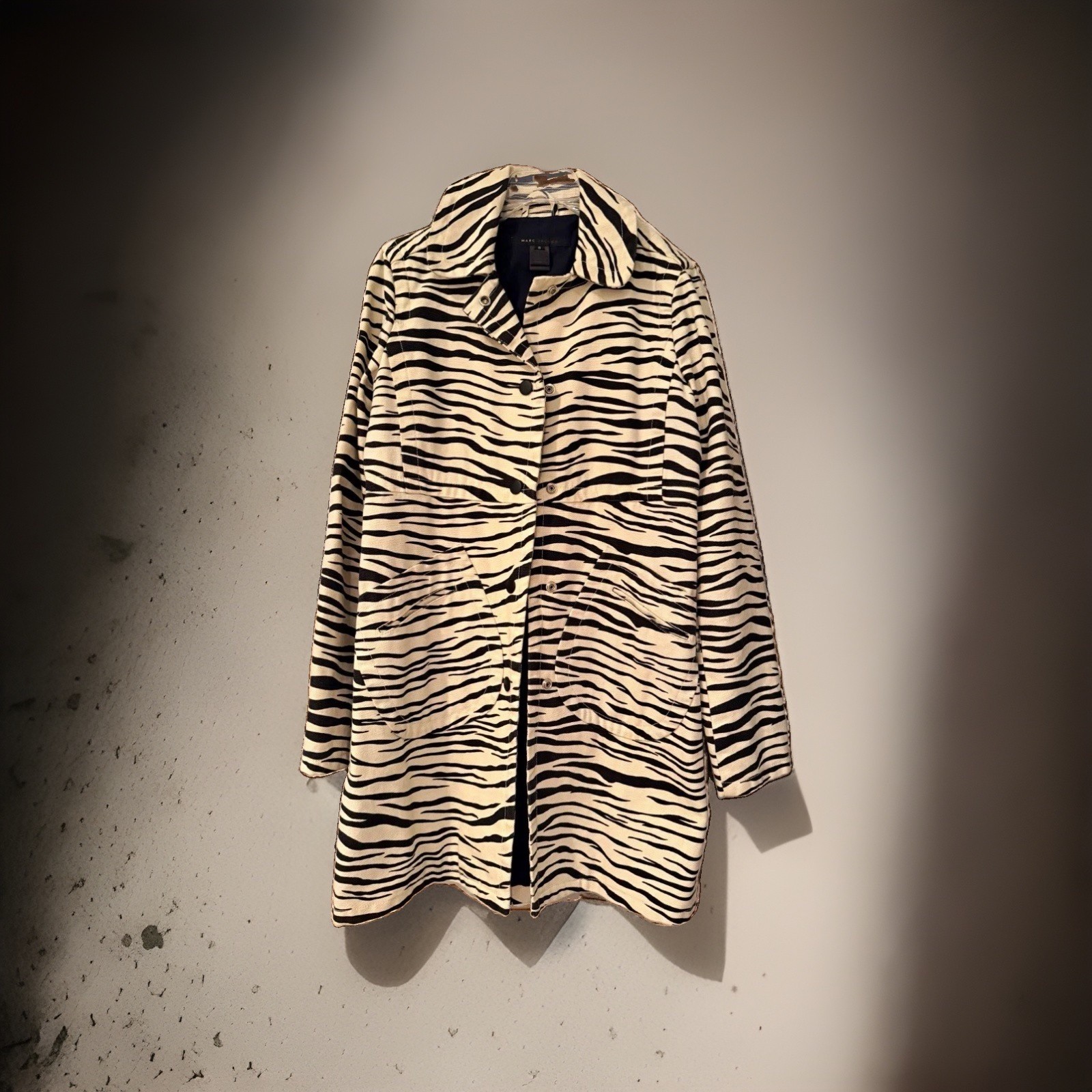 Vintage Marc Jacobs Zebra Print Canvas Snap Front Lined Coat w Pockets Sz Small