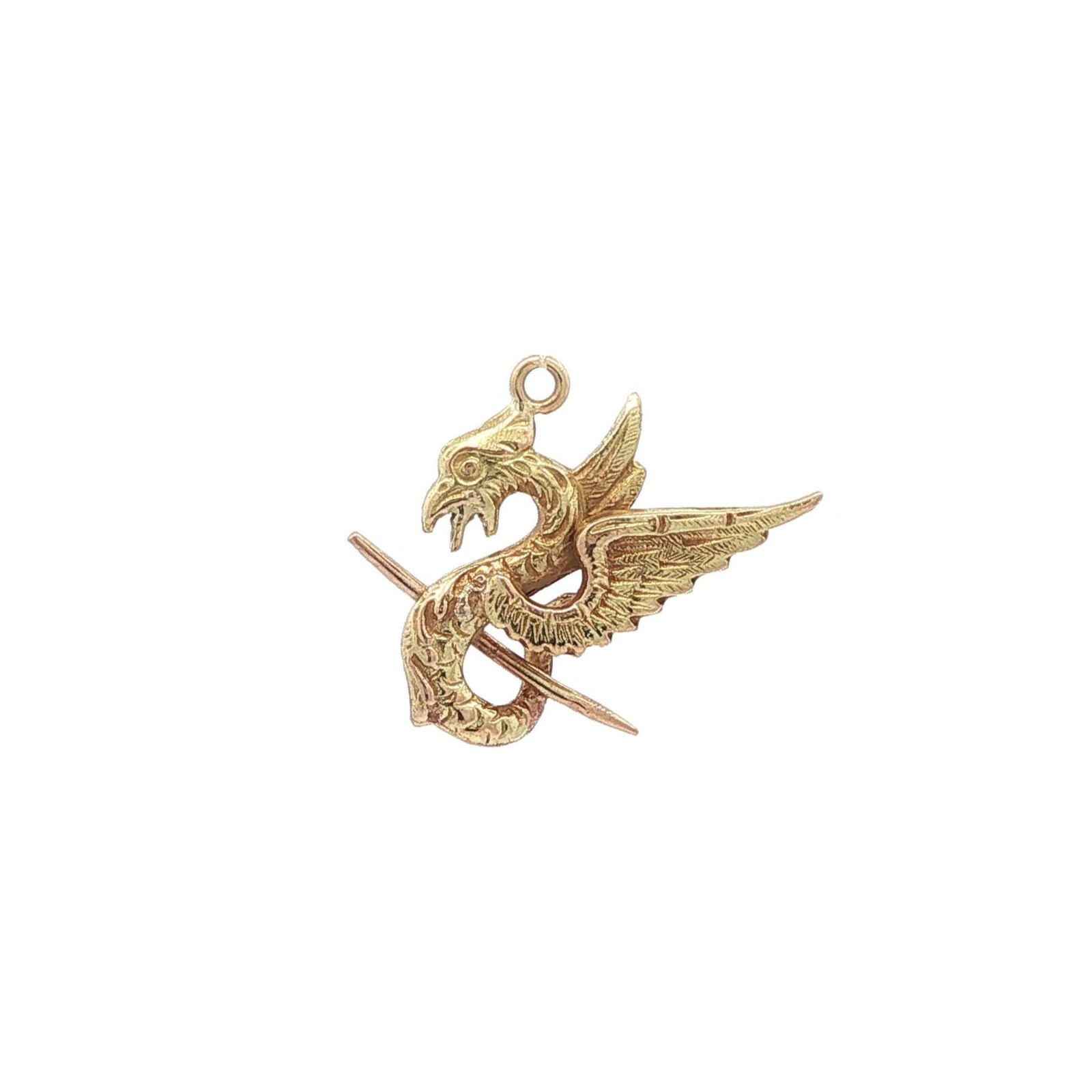 Antique Art Nouveau 14k Yellow Gold Griffin Dragon & Sword Charm Pendant