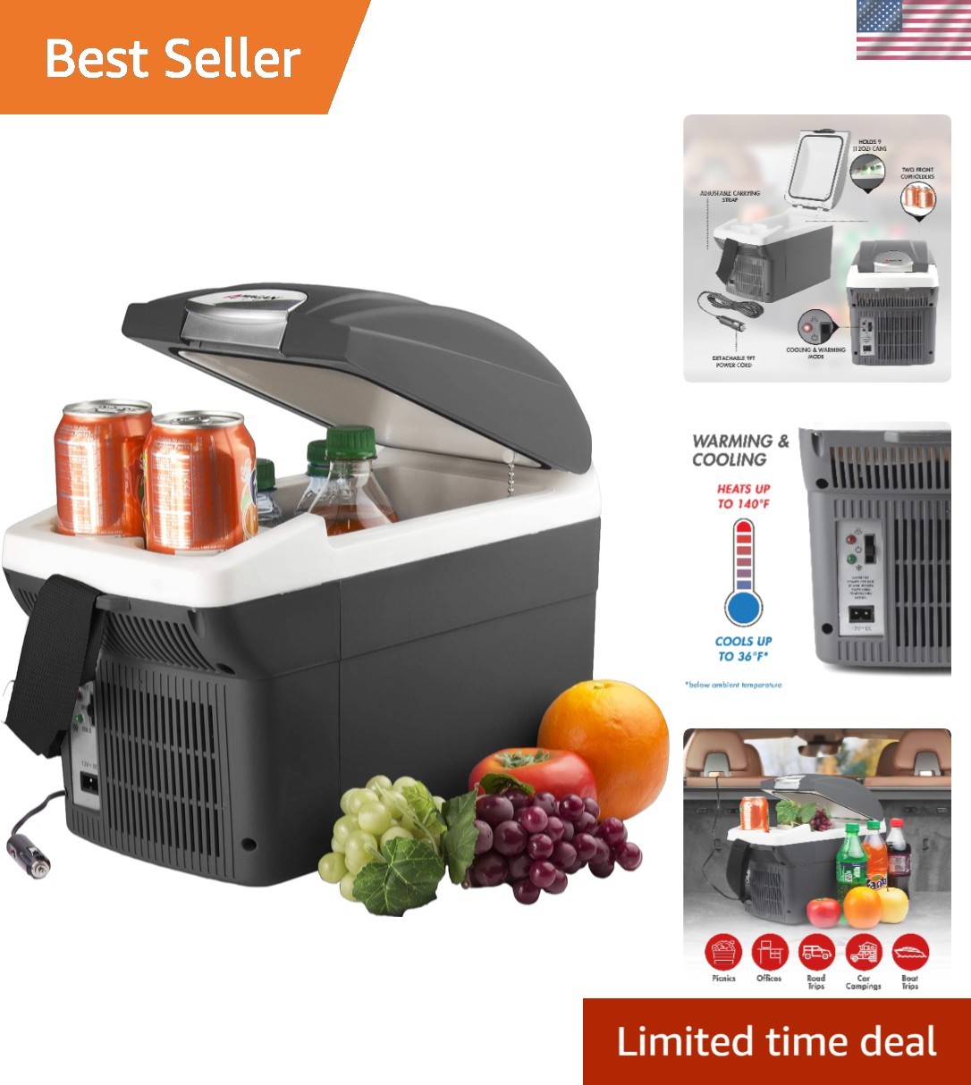 12V 6-Quart Electric Cooler/Warmer - Portable Thermoelectric Travel Fridge