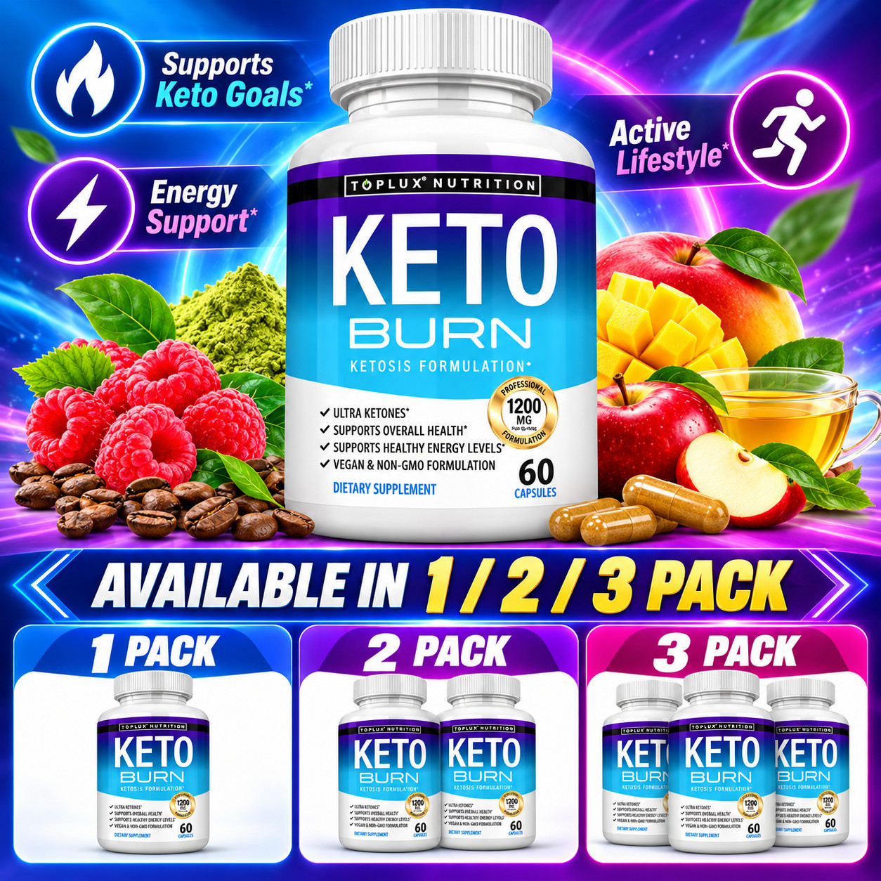 Keto Burn Pills 1200mg Ketosis Support 60 Capsules Energy Focus Men Women