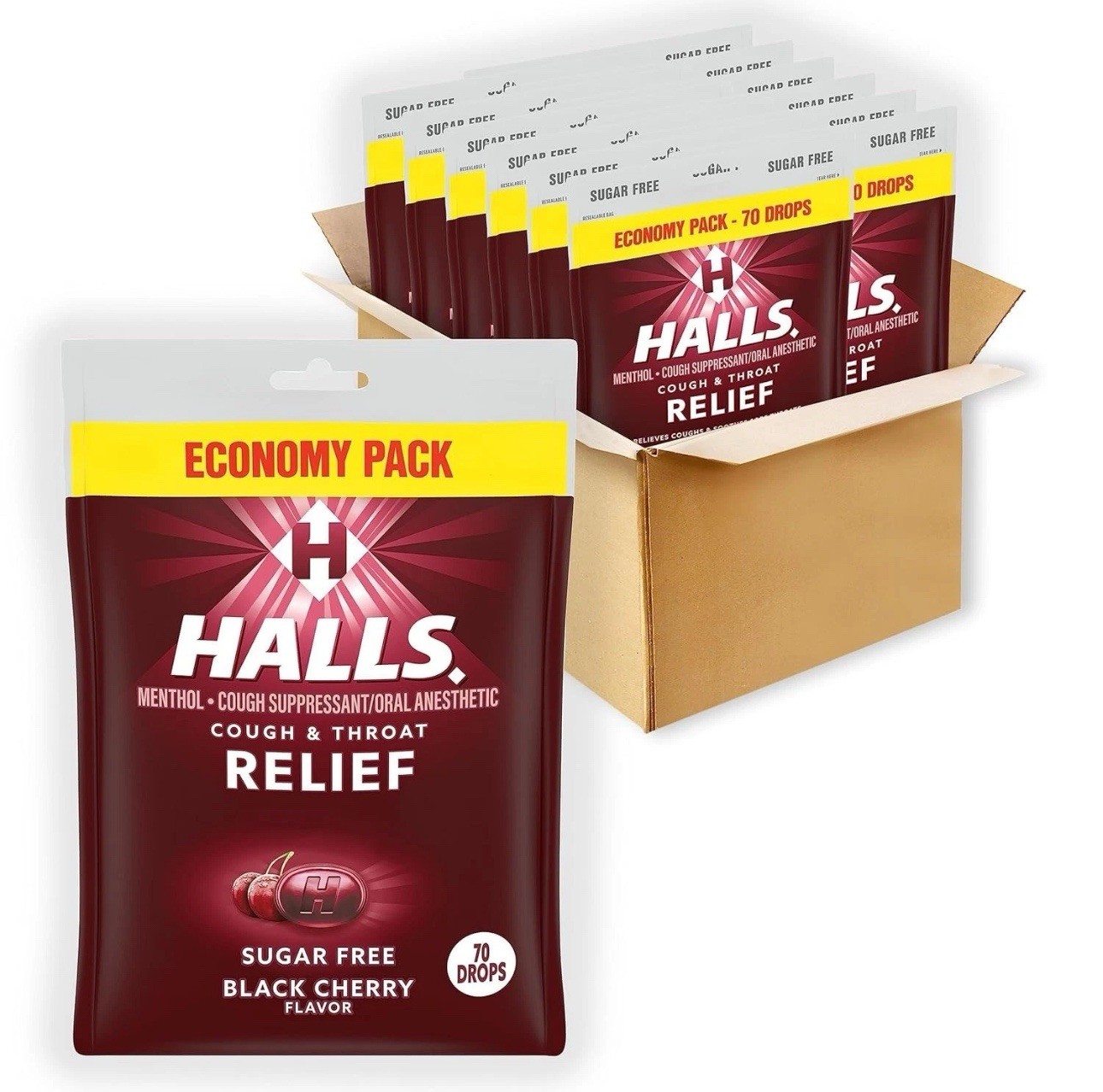 HALLS Sugar Free Black Cherry Cough Drops 840 Drops 12 Bags Sore Throat Relief