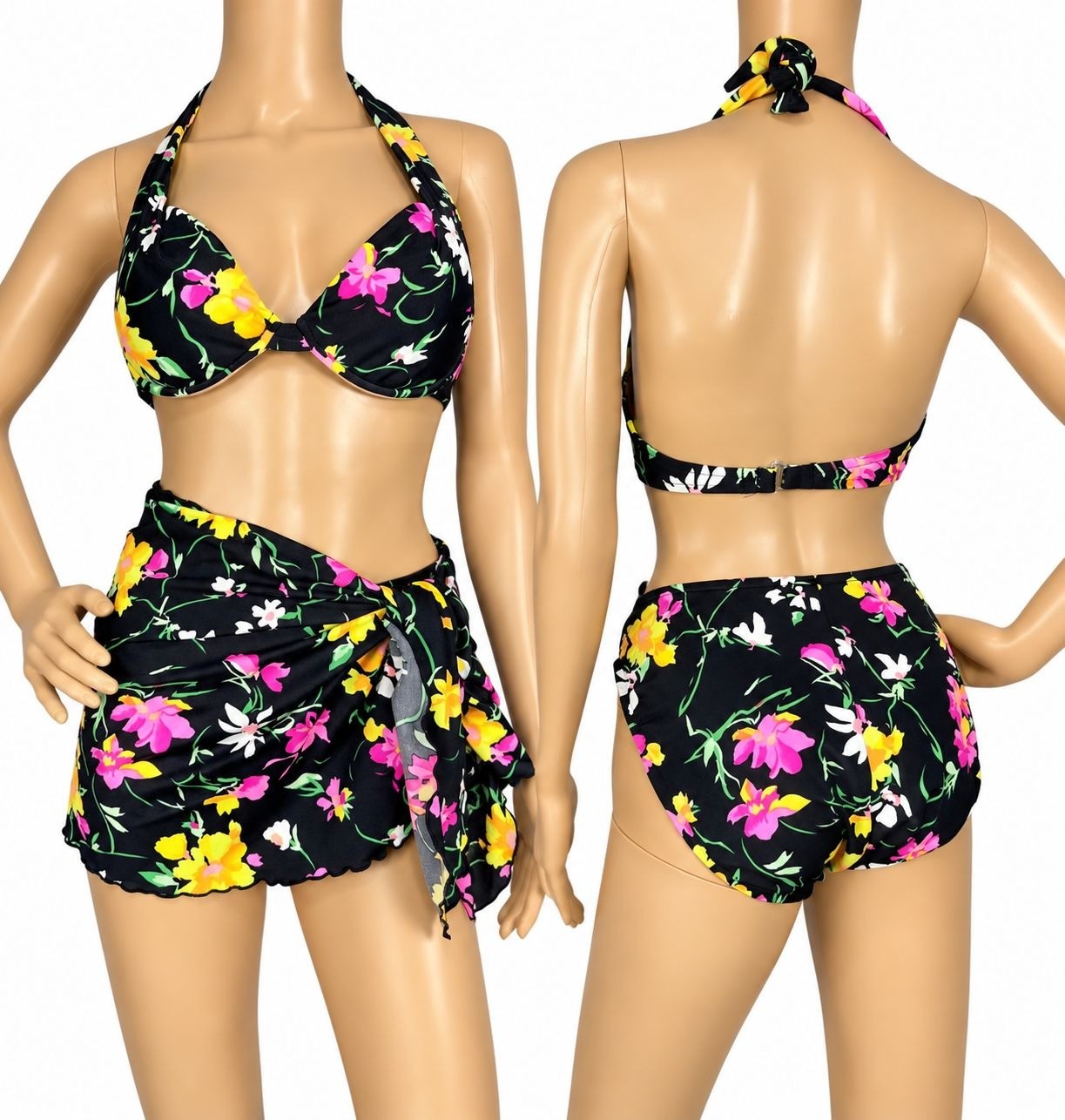 Vintage 1997 Victorias Secret Floral Bikini 3 Piece Swimsuit Set 36C Large Y2K