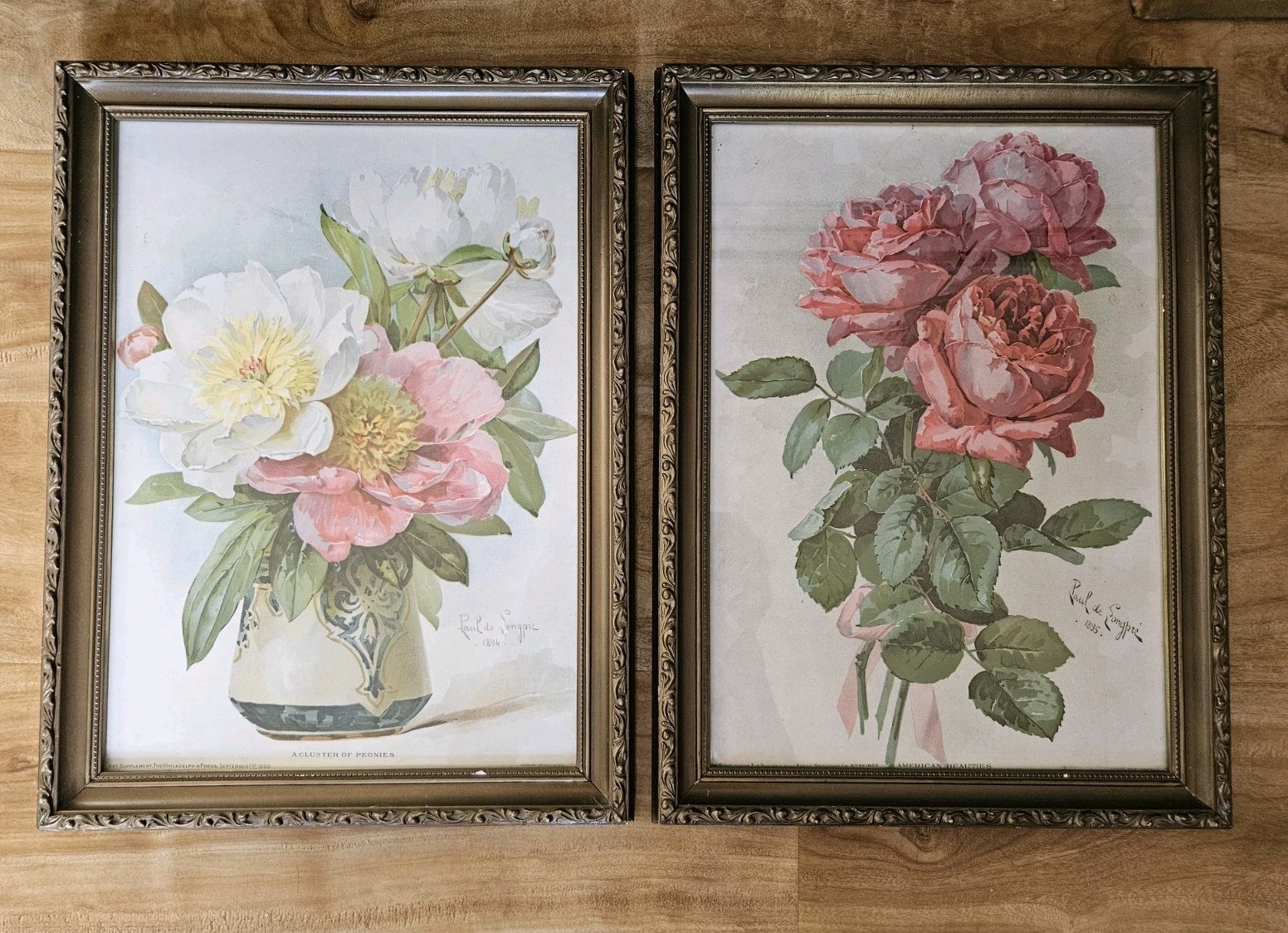 Antique Paul De Longpre Framed Pictures, Roses And Cluster Of Peonies, 1895 Antique Paul De Longpre Framed Pictures, Roses And Cluster Of Peonies, 1895