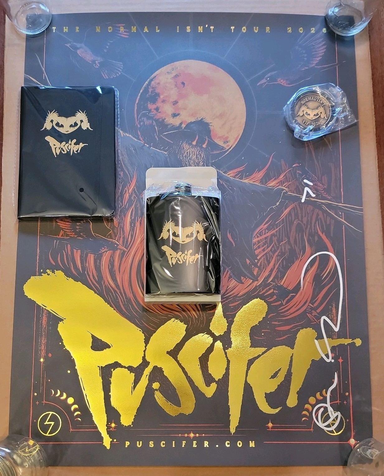 Puscifer Normal Isnt VIP Merch Signed Foil Poster, Coin, Flask, Notebook. Puscifer Normal Isnt VIP Merch Signed Foil Poster, Coin, Flask, Notebook.