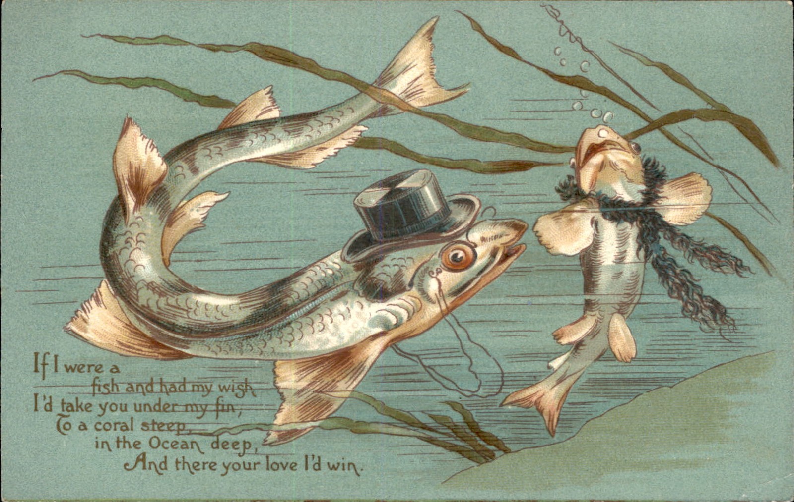 Fish with Top Hat Poetry Fantasy c1900s-10s Vintage Postcard bhn Fish with Top Hat Poetry Fantasy c1900s-10s Vintage Postcard bhn