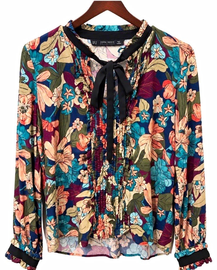 Zara Women\'s M Regular Multicolor Floral Tie-Bow Ruffle Long Sleeve Blouse