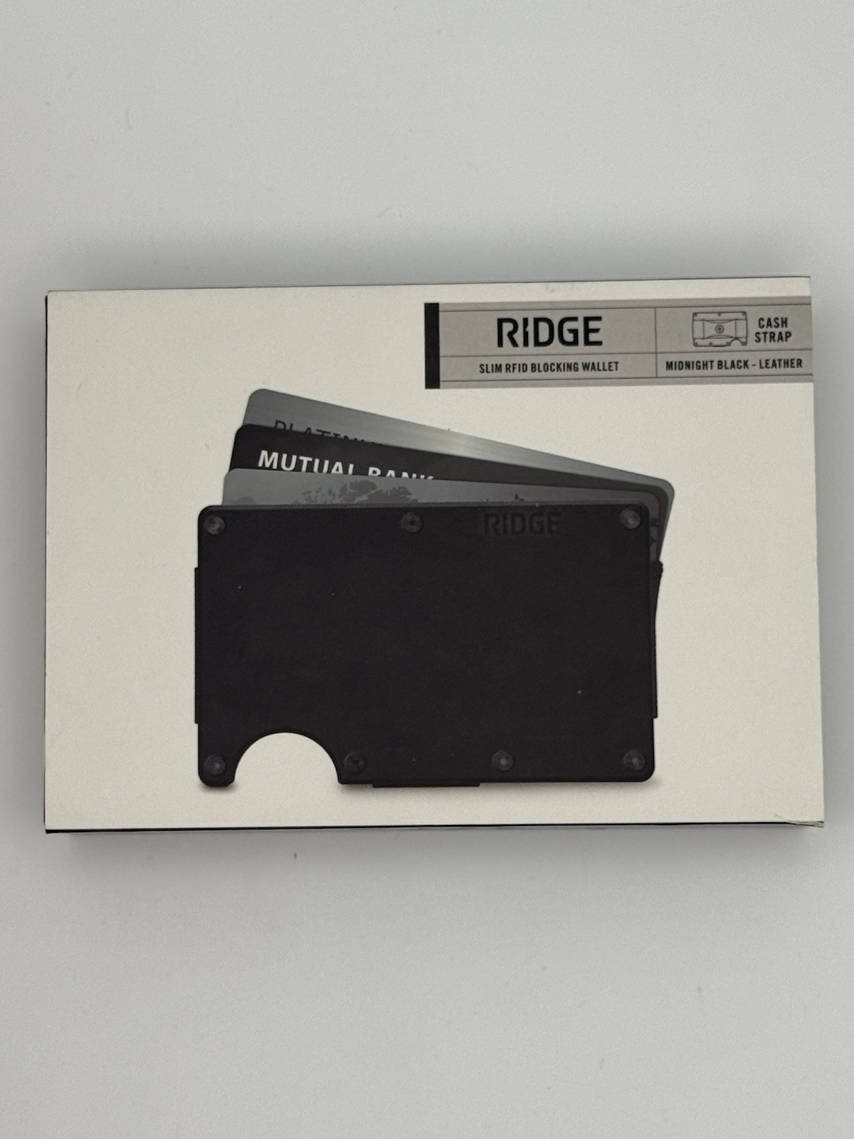 Ridge Midnight Black Leather Wallet RFID Cash Strap Used Box (646)