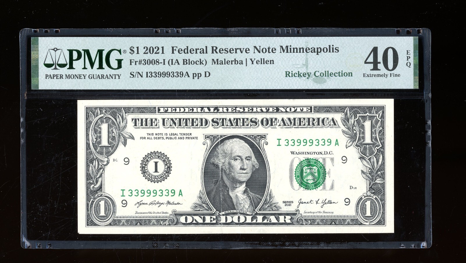 DBR 2021 $1 Minneapolis Fr. 3008-I PMG XF-40 EPQ Binary 9/3 Serial I33999339A