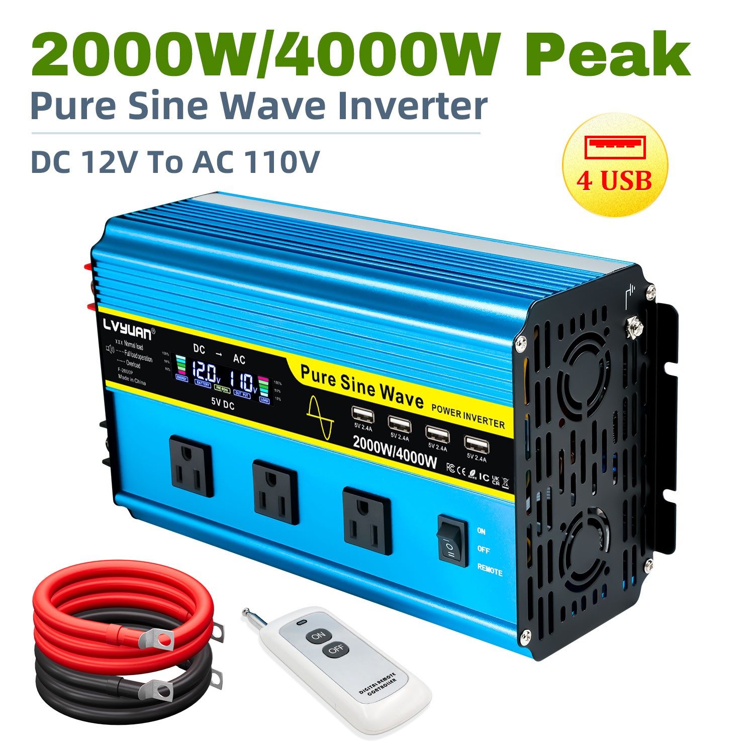 2000W 4000W Pure Sine Wave Power Inverter 12V to 110V 3AC 4USB w/ Remote Used