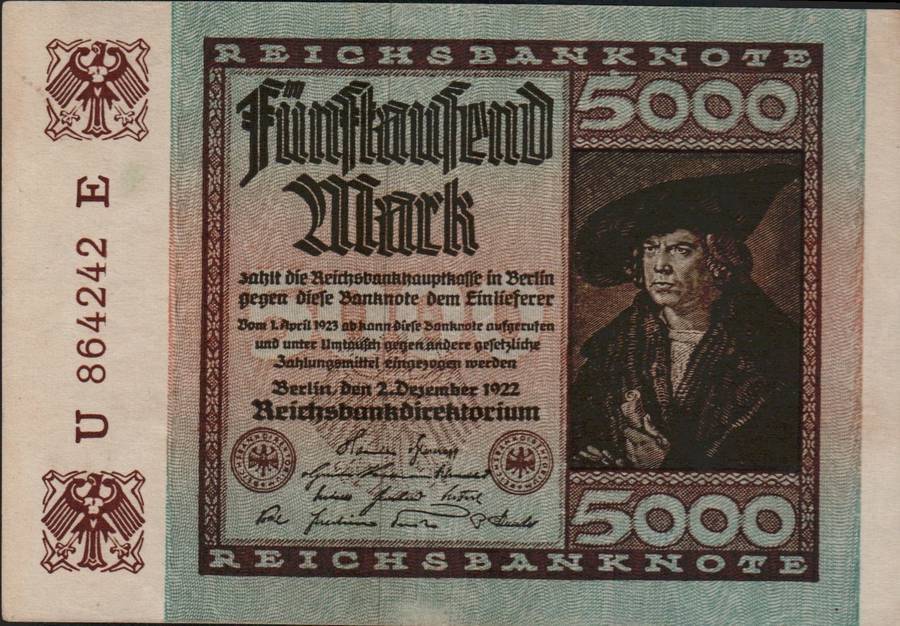 1923 Germany Weimar Republic Hyper Inflation 5000 Mark Banknote 1923 Germany Weimar Republic Hyper Inflation 5000 Mark Banknote