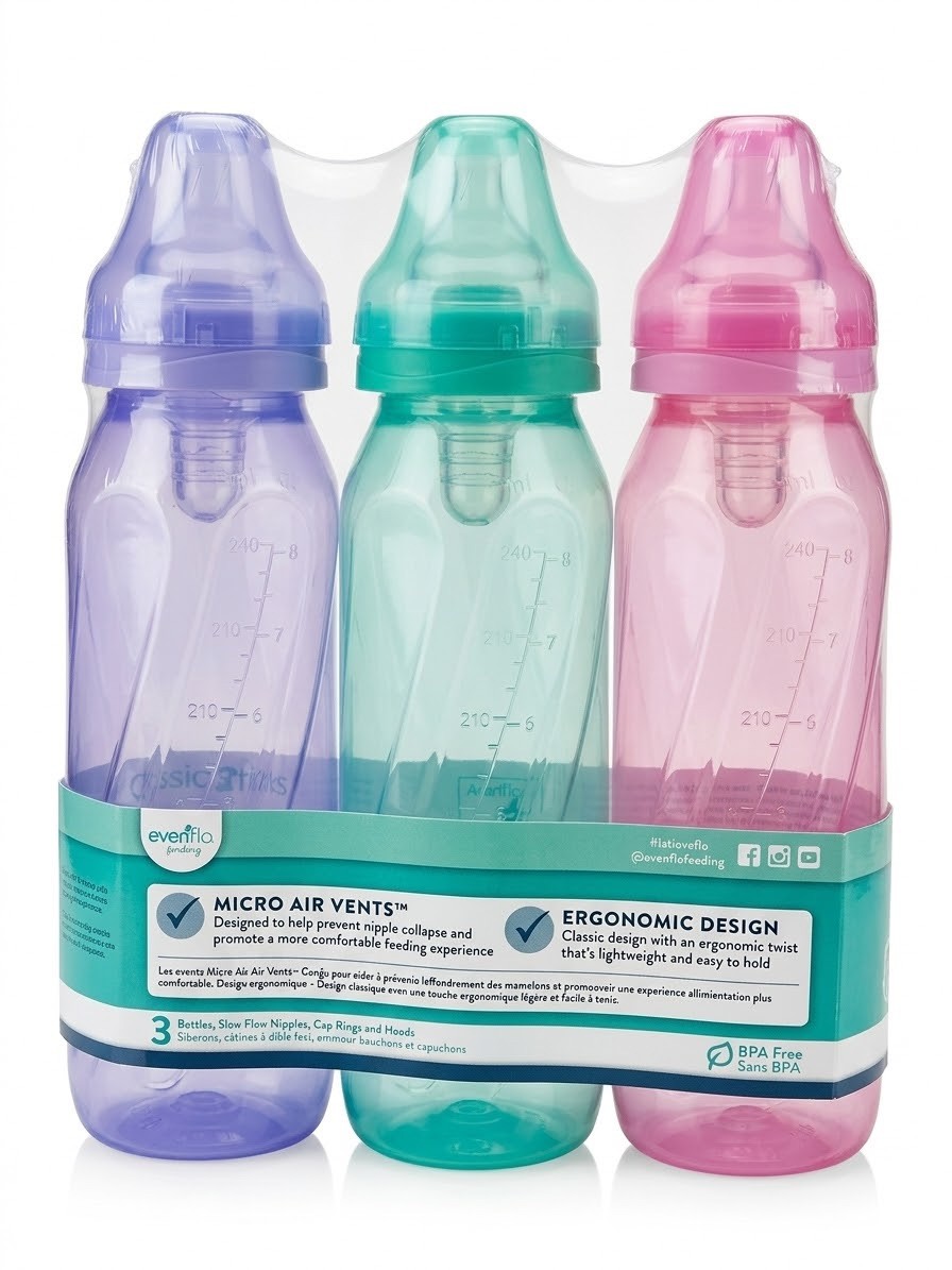 Evenflo Baby Bottles Classic 3 Pk 8oz Micro Air Vents Purple Green Pink Evenflo Baby Bottles Classic 3 Pk 8oz Micro Air Vents Purple Green Pink