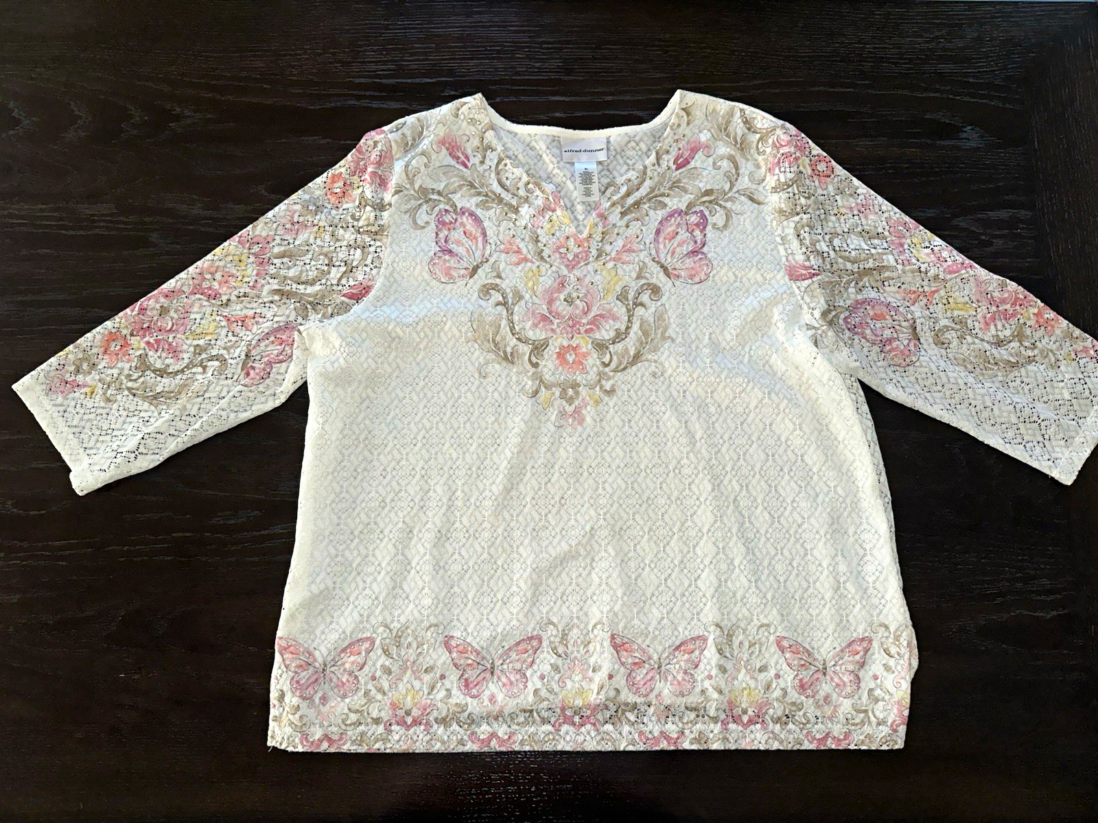 Alfred Dunner Women’s XL Butterfly Floral Lace Top 3/4 Sleeve Embellished White Alfred Dunner Women’s XL Butterfly Floral Lace Top 3/4 Sleeve Embellished White