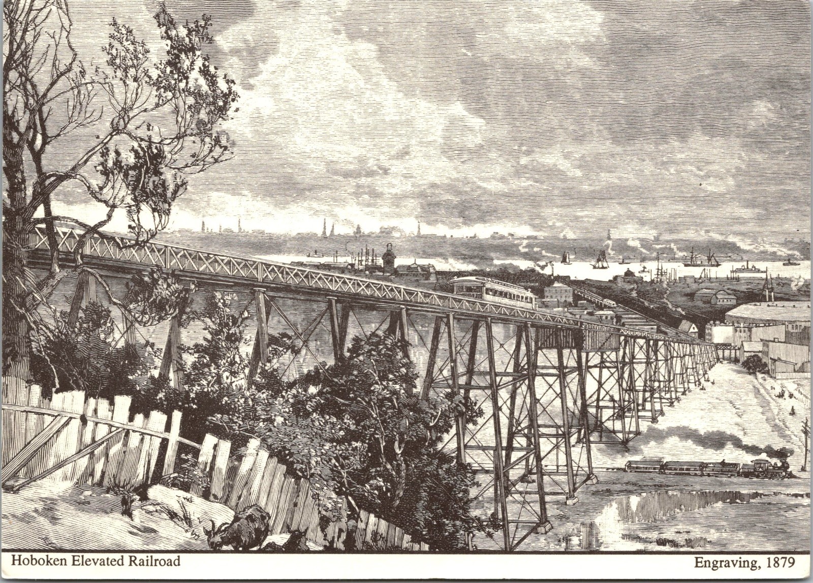 Postcard made from Harper\'s Weekly Engraving of the Hoboken Elevated Railroad C1