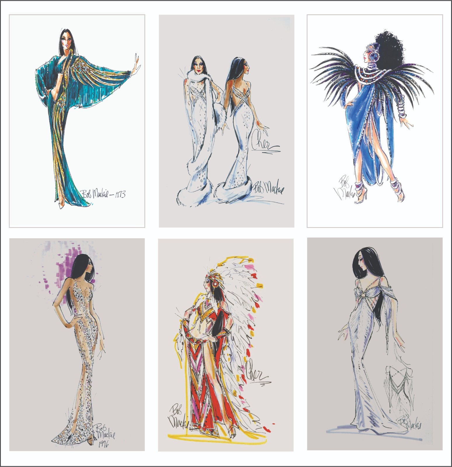 CLASSIC BOB MACKIE Illustration 6 Card Set 8x10 CHER Sketch Gowns Costume Dress