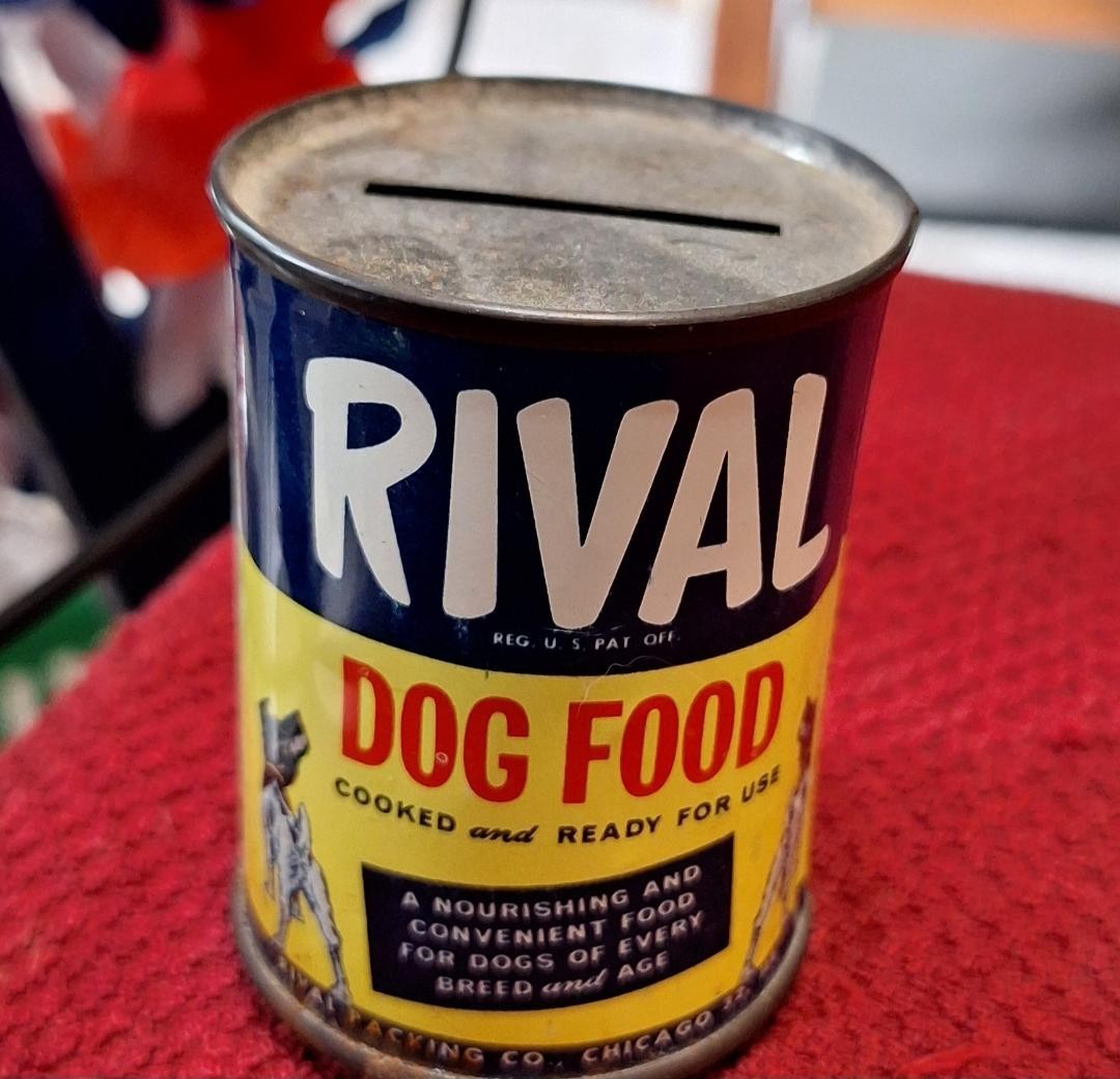 Vintage 1940 s RIVAL DOG FOOD Promotional Advertising Premium Metal Coin Bank Vintage 1940 s RIVAL DOG FOOD Promotional Advertising Premium Metal Coin Bank