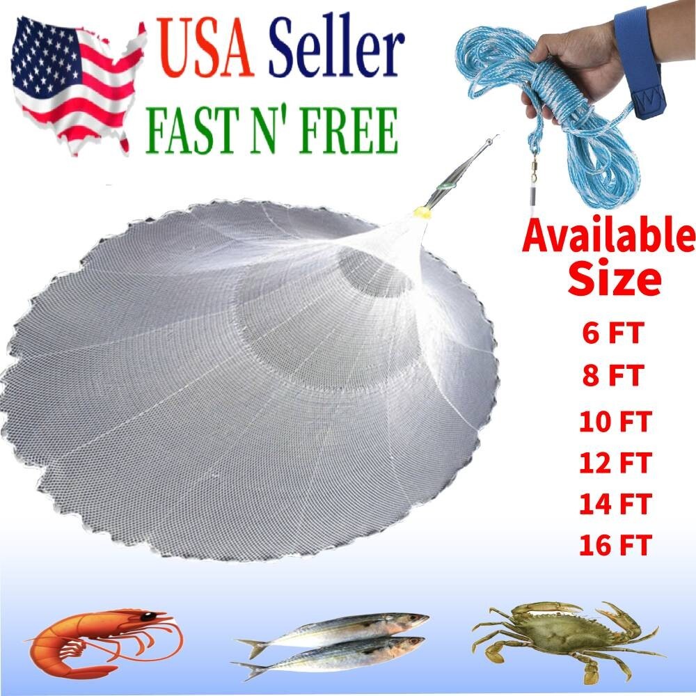 NEW 6/8/10/12/16FT Nylon Fishing Hand Cast Net Bait shrimp Easy Throw 1/2\'\' Mesh