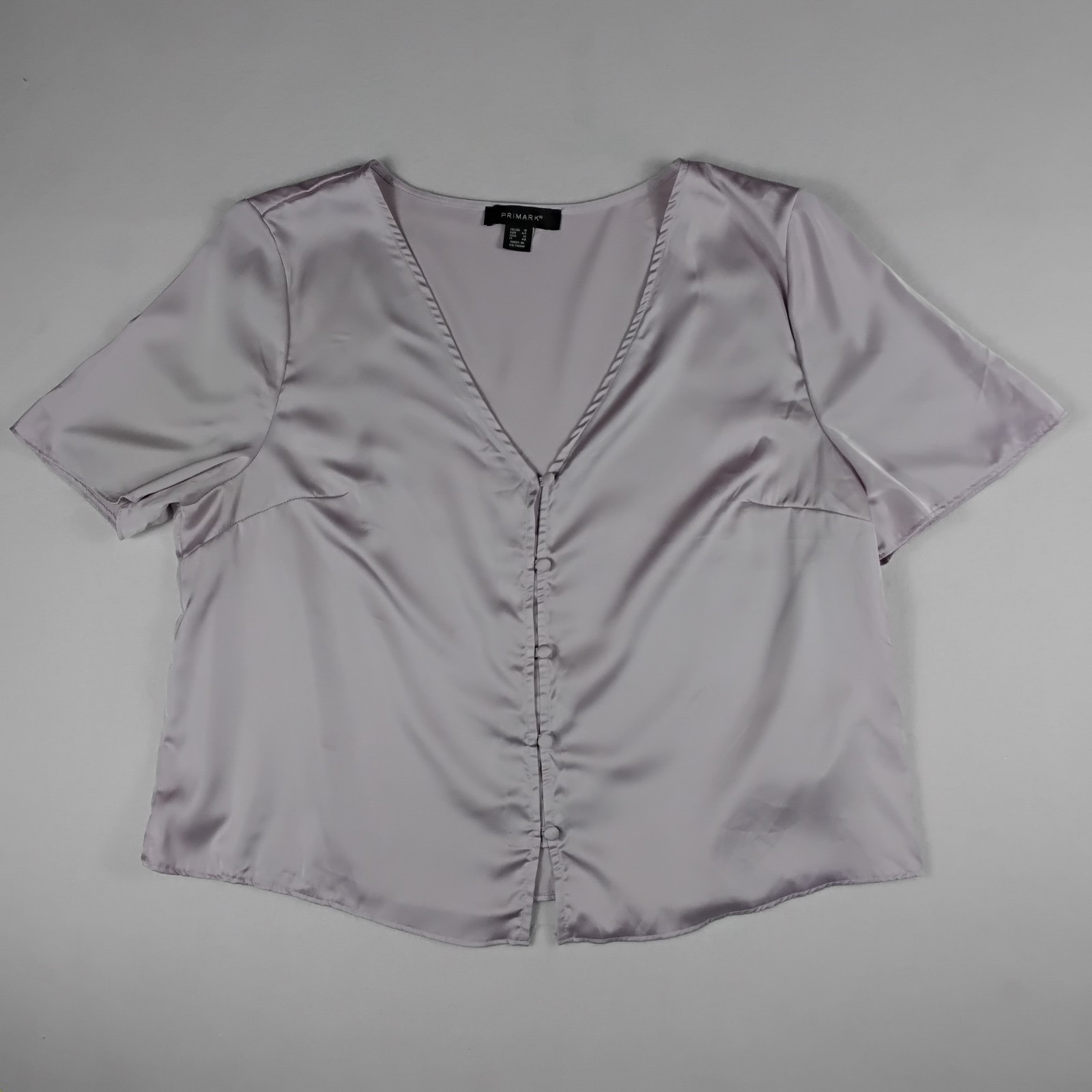 Primark Womens Satin V-Neck Blouse Short Sleeve Button Front Top Silver Lilac 12 Primark Womens Satin V-Neck Blouse Short Sleeve Button Front Top Silver Lilac 12