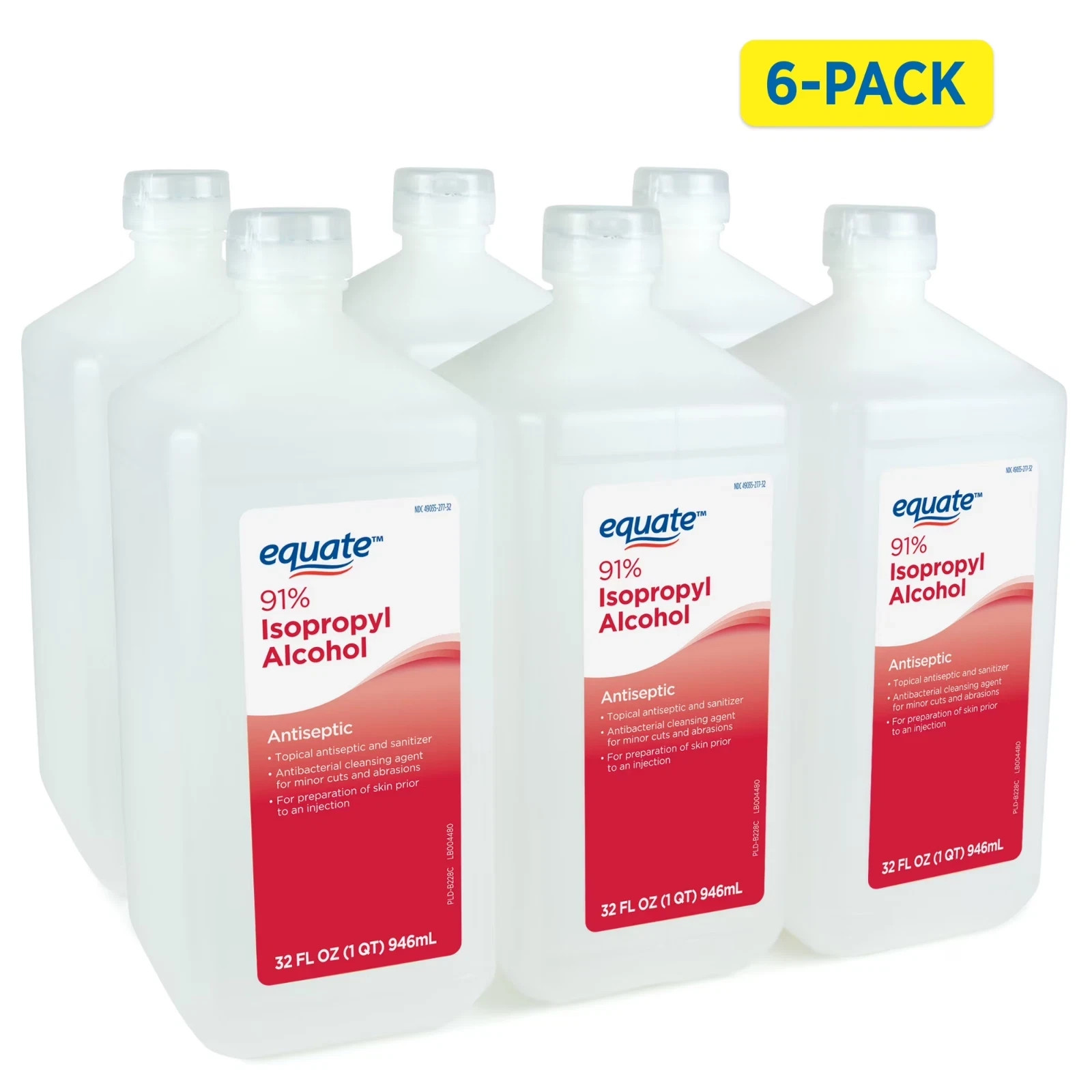Equate 91% Isopropyl Alcohol Antiseptic Liquid, Resealable, 6 PACK, 6 x 32 fl oz Equate 91% Isopropyl Alcohol Antiseptic Liquid, Resealable, 6 PACK, 6 x 32 fl oz