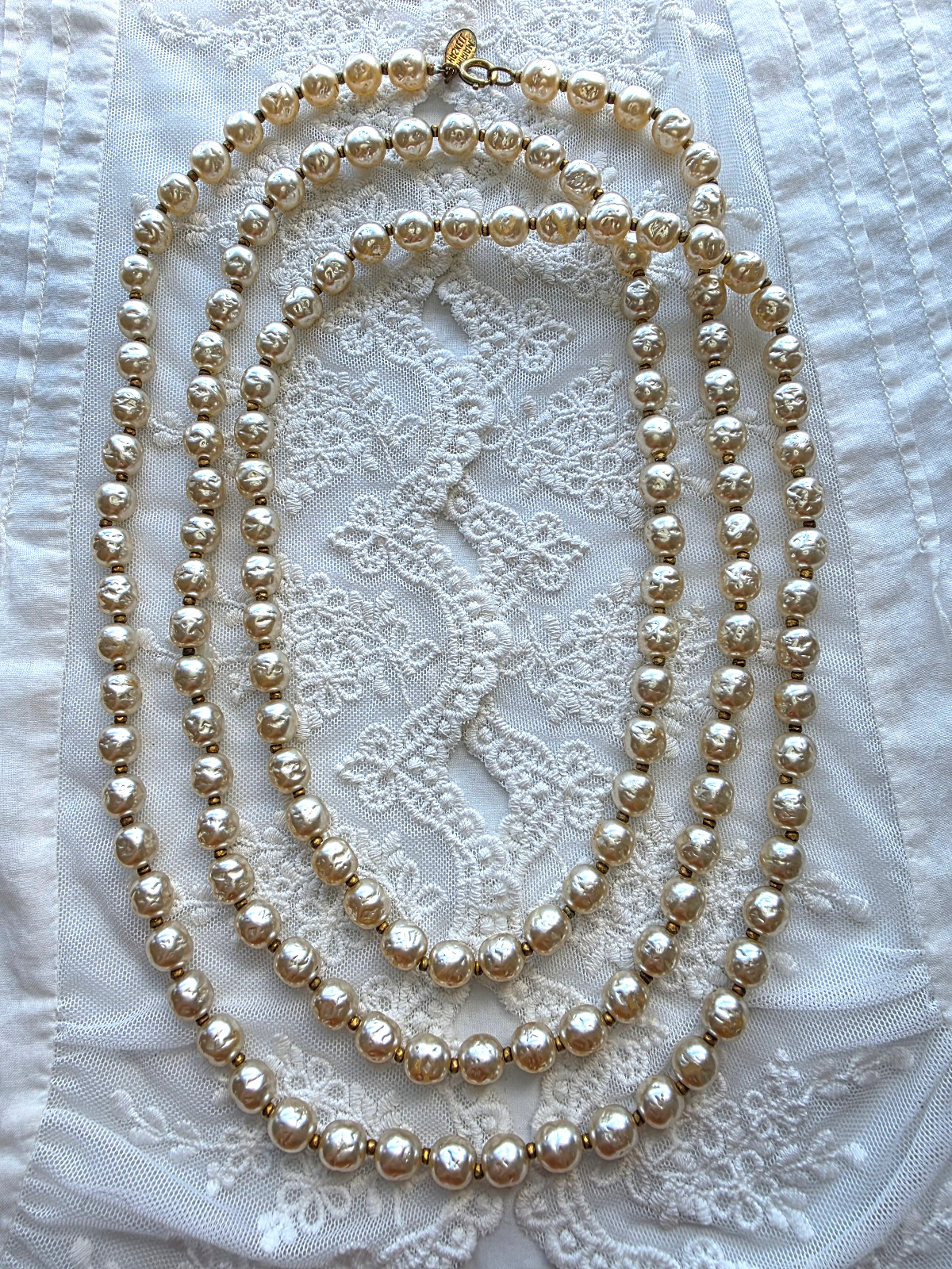 Vintage Signed Miriam Haskell Necklace Baroque Faux Pearls Gold Tone 60