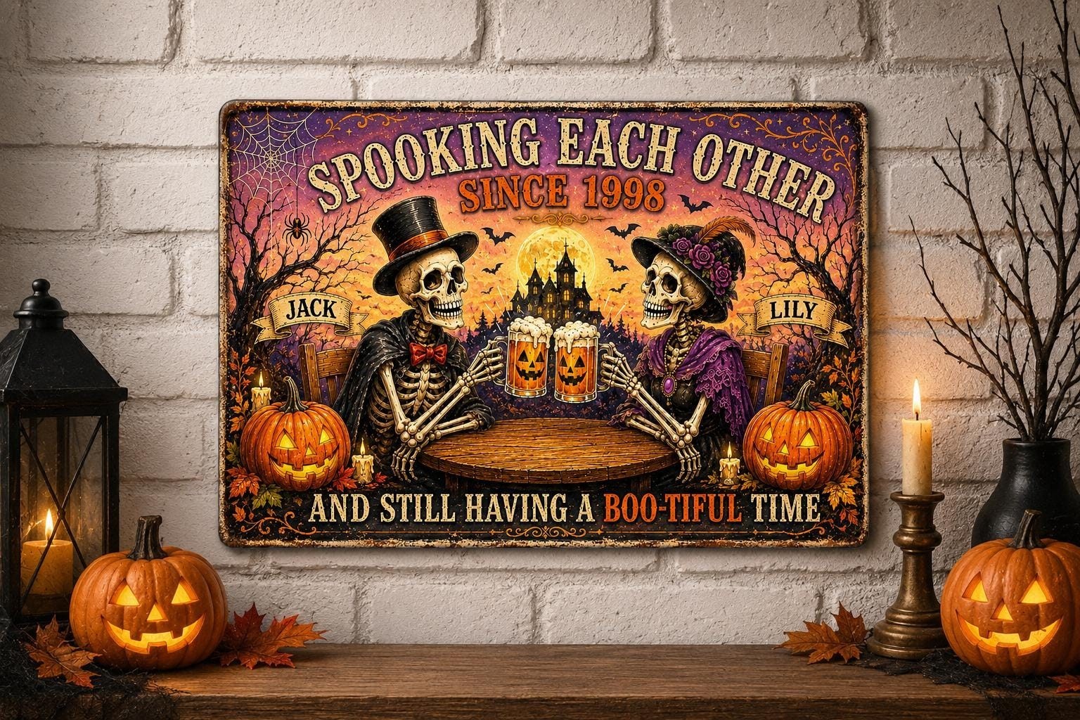 Personalized Skeleton Couple Metal Sign Custom Halloween Anniversary Gift