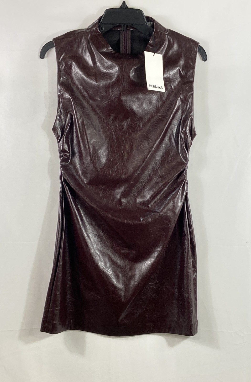 Bershka Women\'s Maroon Faux Leather Ruched Sleeveless Mini Dress NWT Sz M