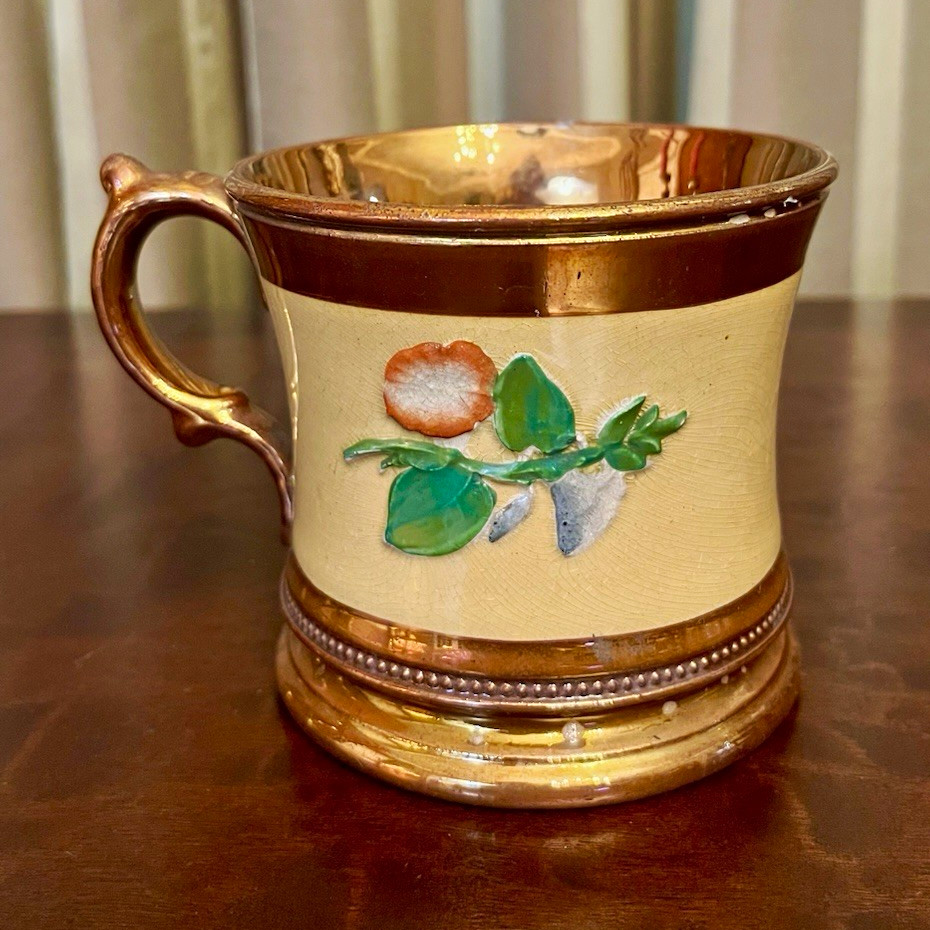 Antique c1820-35 Staffordshire Copper Lustre Mug Applied Floral Sprigs English