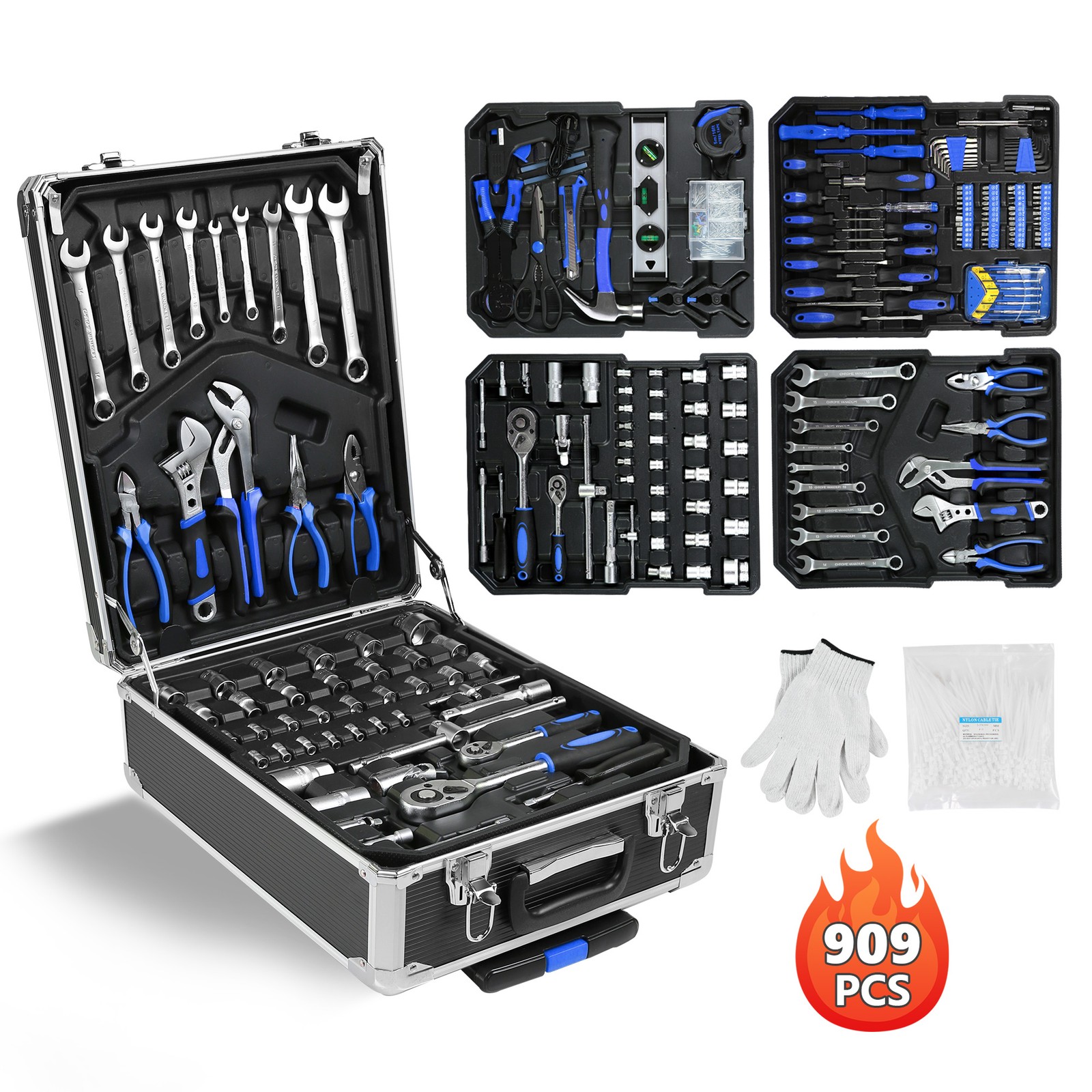 909 PCS Silver Mechanics Tool Set, Wrench Socket Kit with Trolley Storage Case