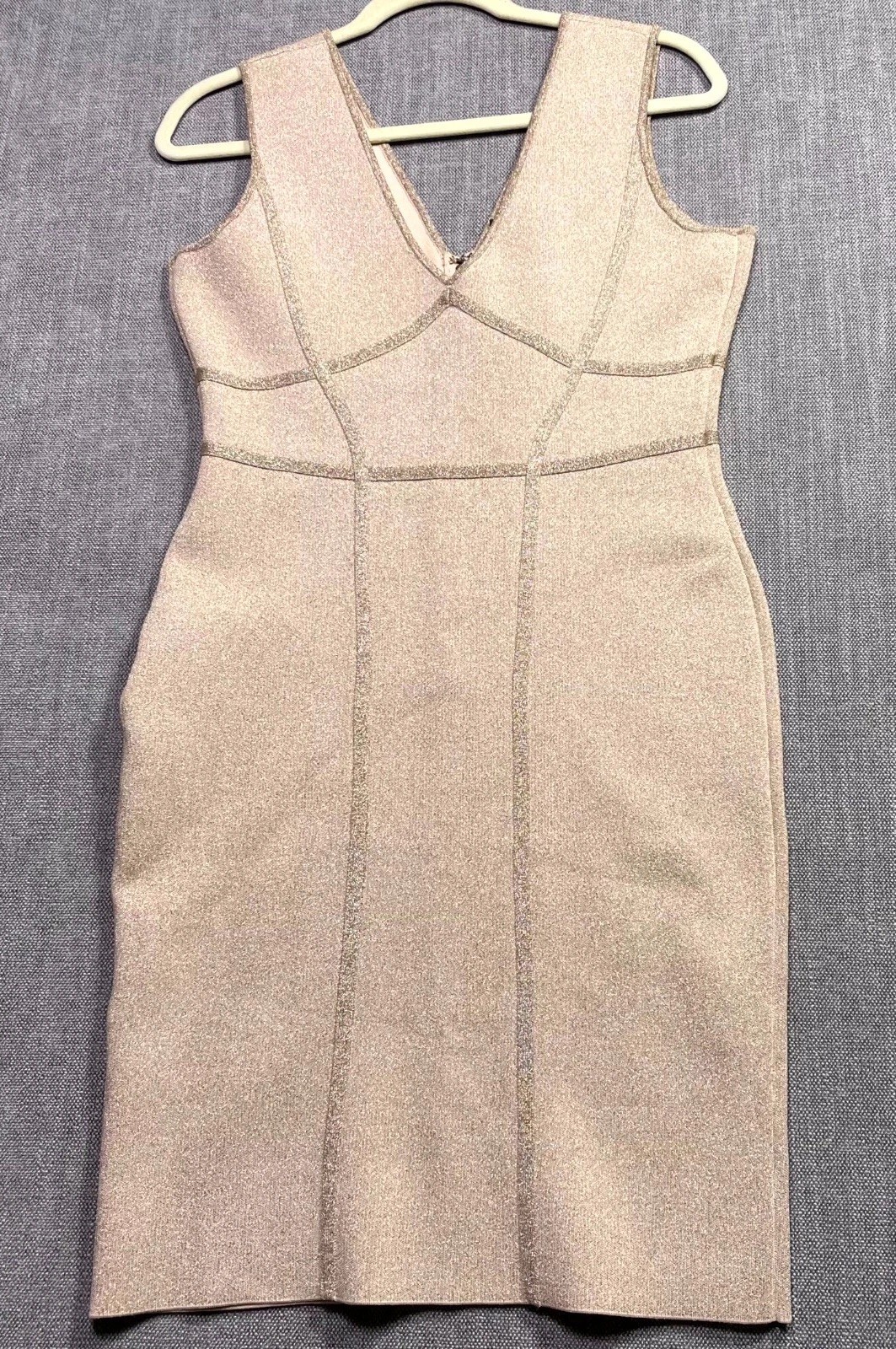 BCBGMAXAZRIA Loribel Metallic Bodycon Dress Womens L Bare Pink Stretch Back Zip