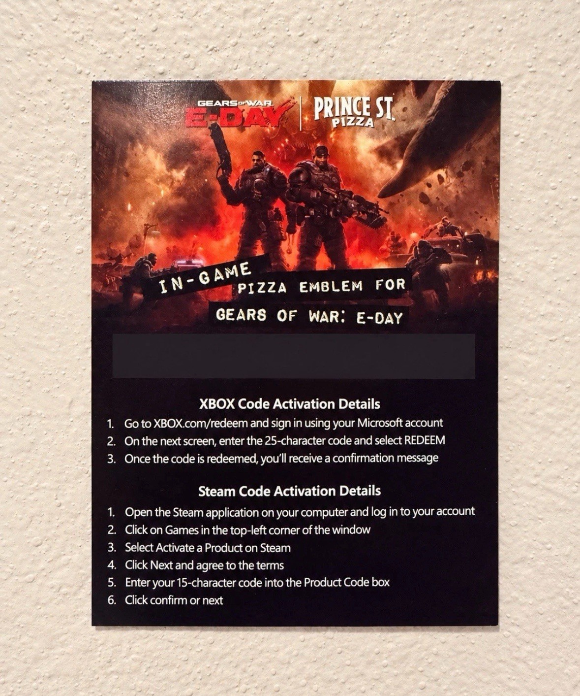 Gears Of War E Day Code Card / Prince Street Pizza - In Game Emblem Gears Of War E Day Code Card / Prince Street Pizza - In Game Emblem
