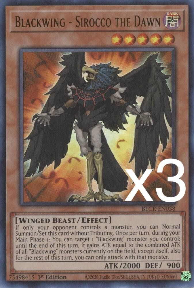3X Yugioh Blackwing - Sirocco the Dawn BLCR-EN058 Ultra Rare 1st Edition NM 3X Yugioh Blackwing - Sirocco the Dawn BLCR-EN058 Ultra Rare 1st Edition NM