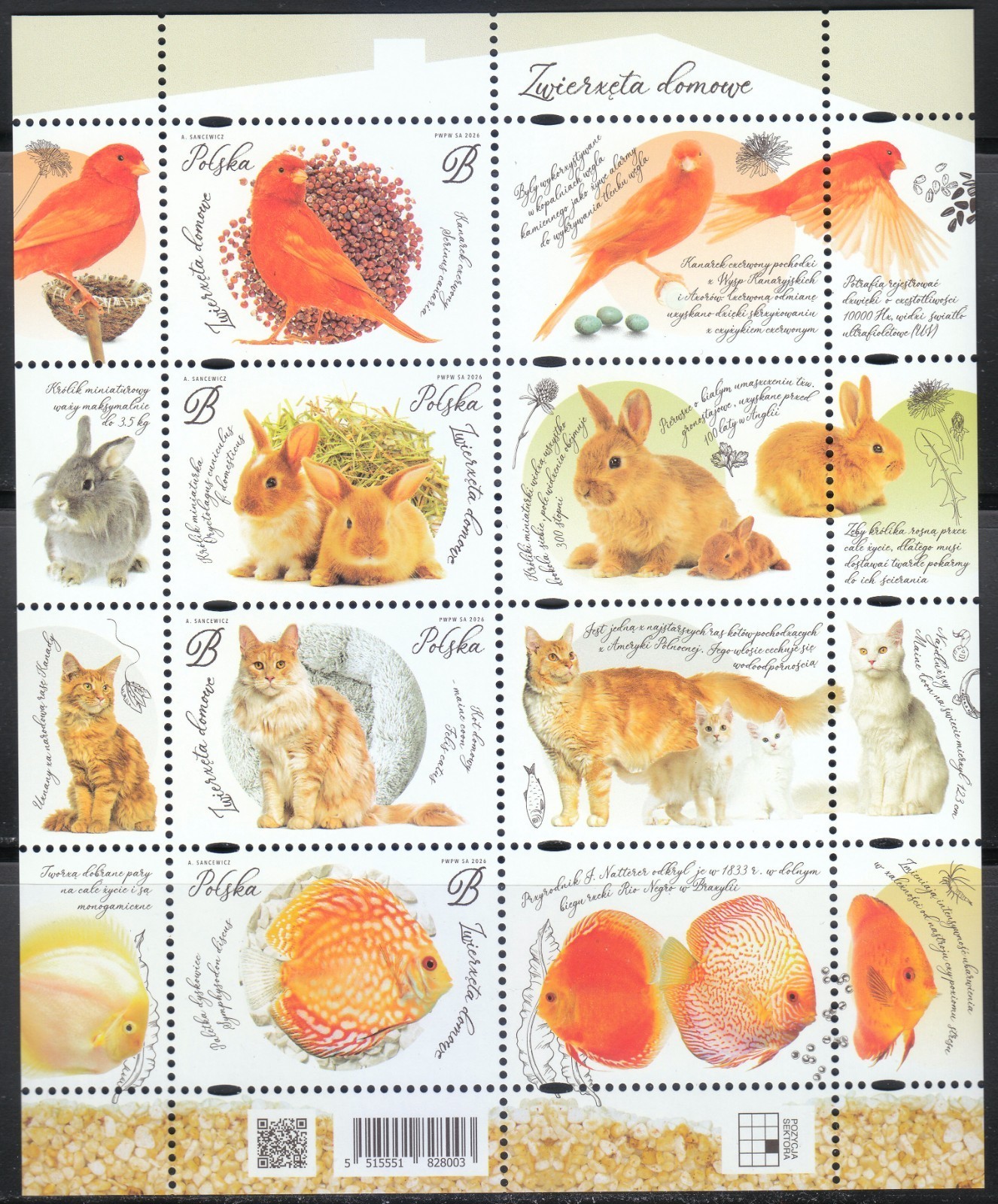 Poland 2026 Pets Sheet MNH Mi Block 398 Cat Dog Bird Fish Post Office Fresh ** Poland 2026 Pets Sheet MNH Mi Block 398 Cat Dog Bird Fish Post Office Fresh **