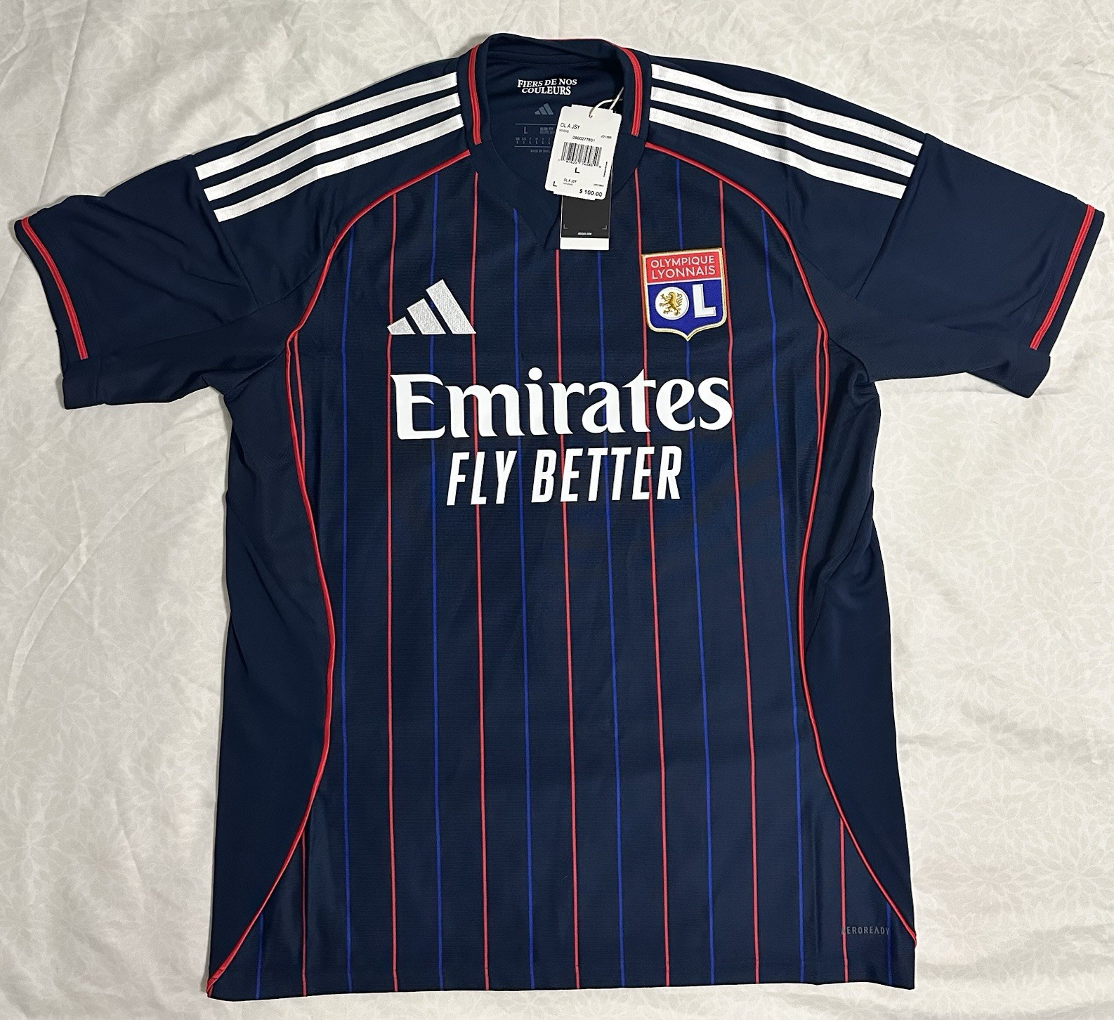 Adidas Olympique Lyonnais OL Short Sleeve Soccer Jersey L Blue Polyester