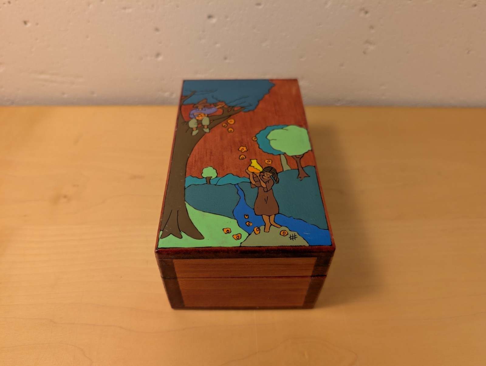 Vintage Hand Painted Wooden Folk Art Trinket Box Narrative Scene Jewelry