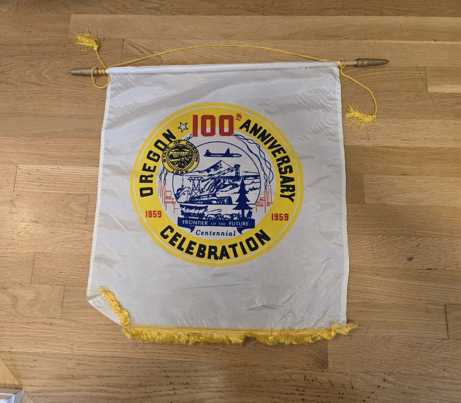 1959 Oregon 100th Anniversary Celebration Banner Flag RARE 20x20 1959 Oregon 100th Anniversary Celebration Banner Flag RARE 20x20