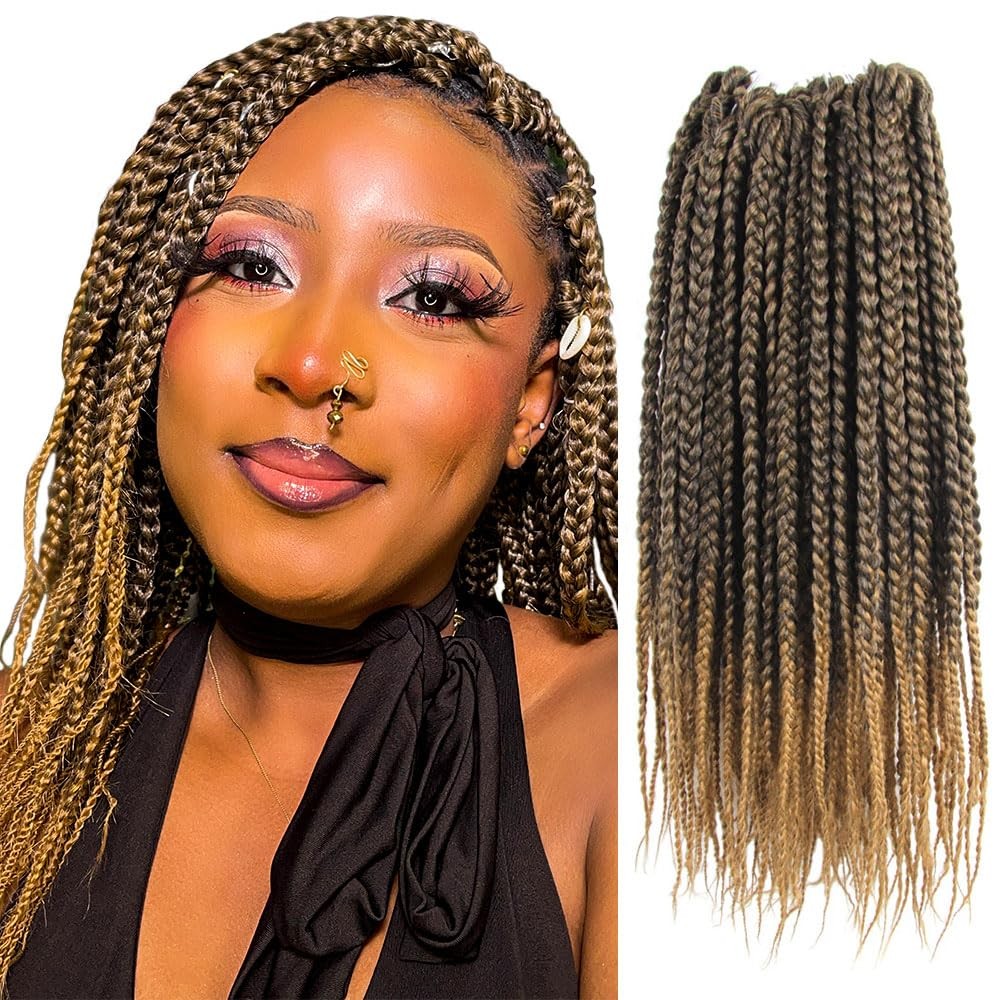 BOHOBABE Box Braids Crochet Hair 12 Inch 8 Packs Prelooped, Short Ombre Honey...