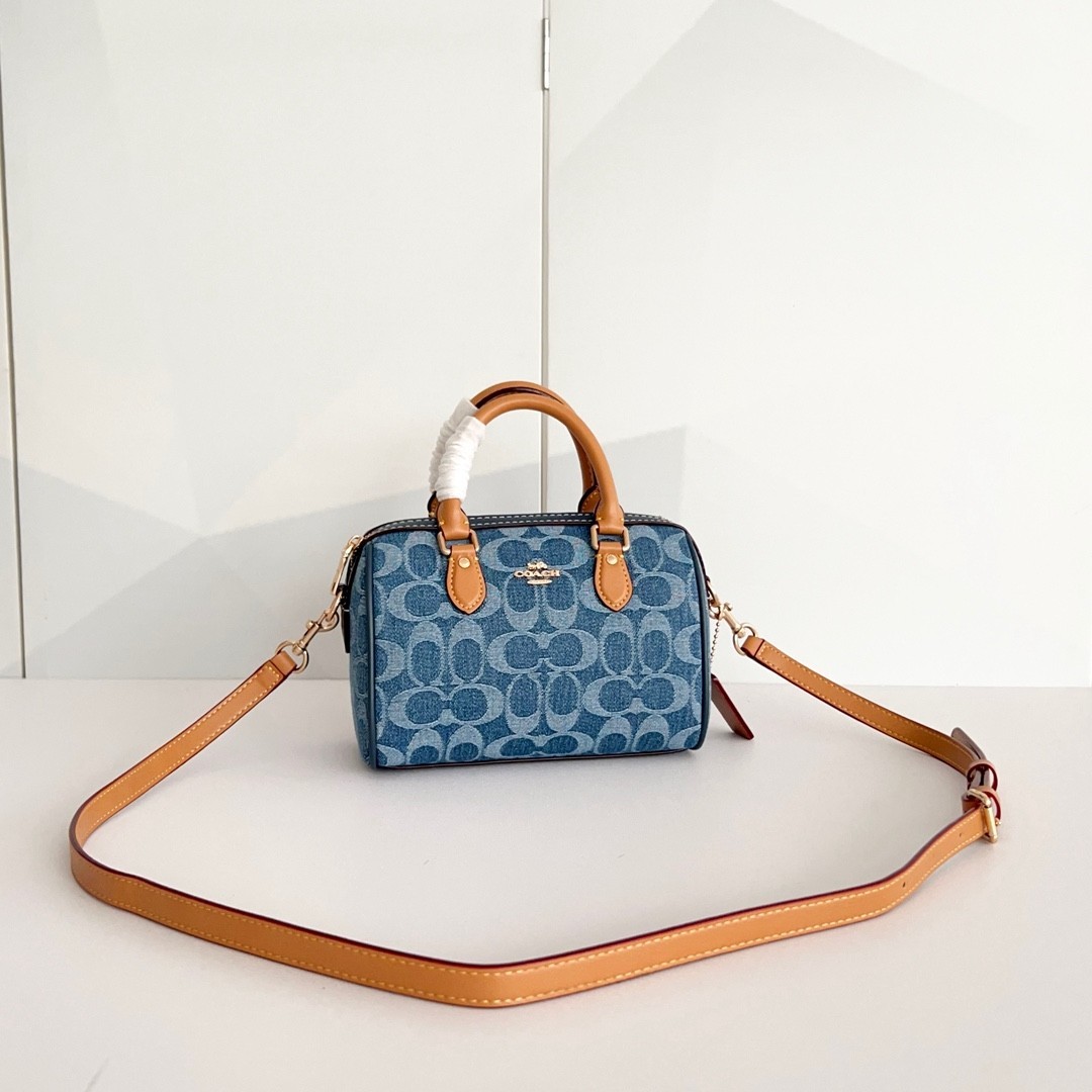 Coach CY742 Blue Signature Mini Satchel Crossbody Bag Tan Trim New w/ Tags Coach CY742 Blue Signature Mini Satchel Crossbody Bag Tan Trim New w/ Tags