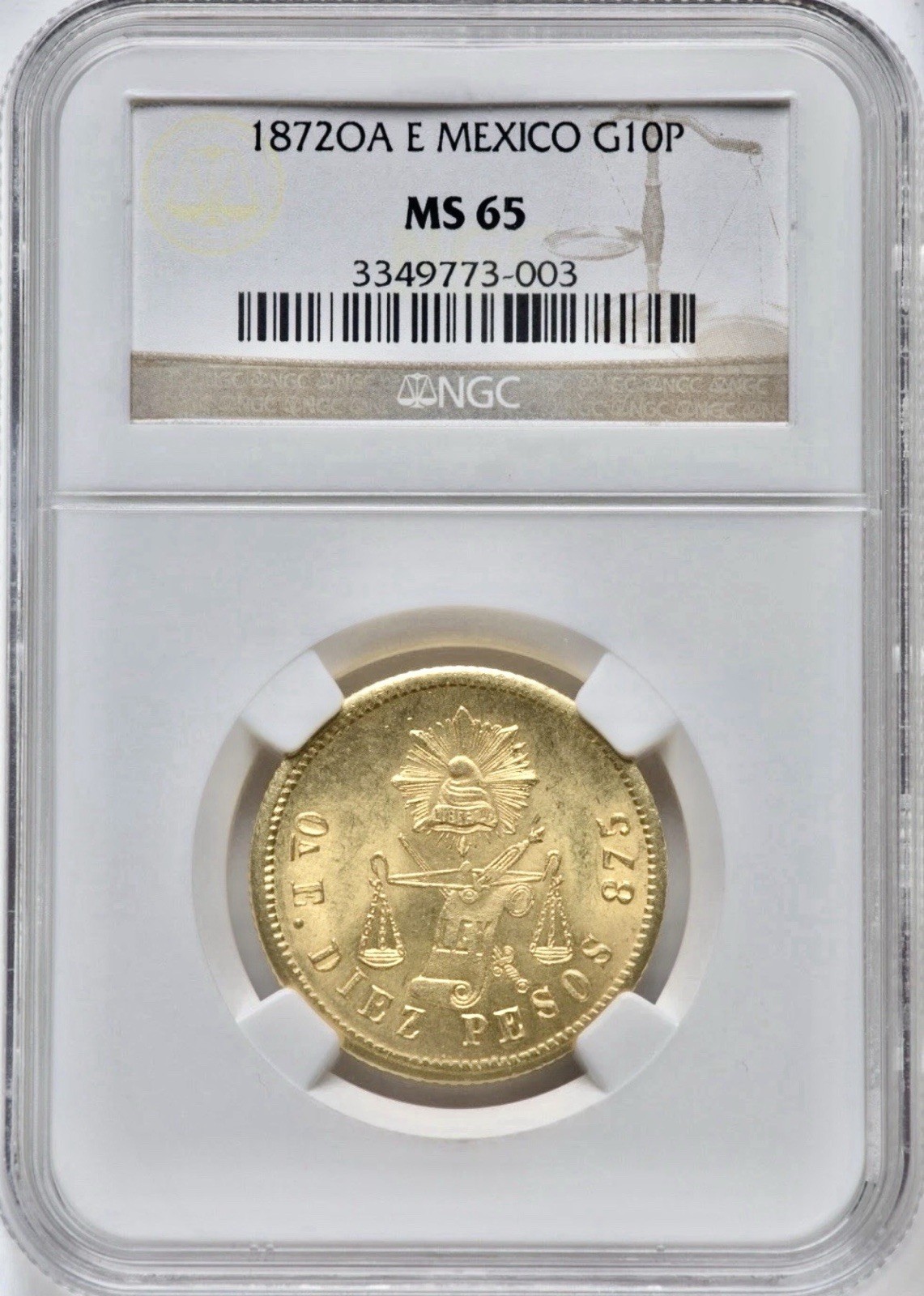 Mexico 1872 Oa-e Gold 10 Pesos Oaxaca Mint NGC MS65 Mintage of 5897 Pcs Finest Mexico 1872 Oa-e Gold 10 Pesos Oaxaca Mint NGC MS65 Mintage of 5897 Pcs Finest