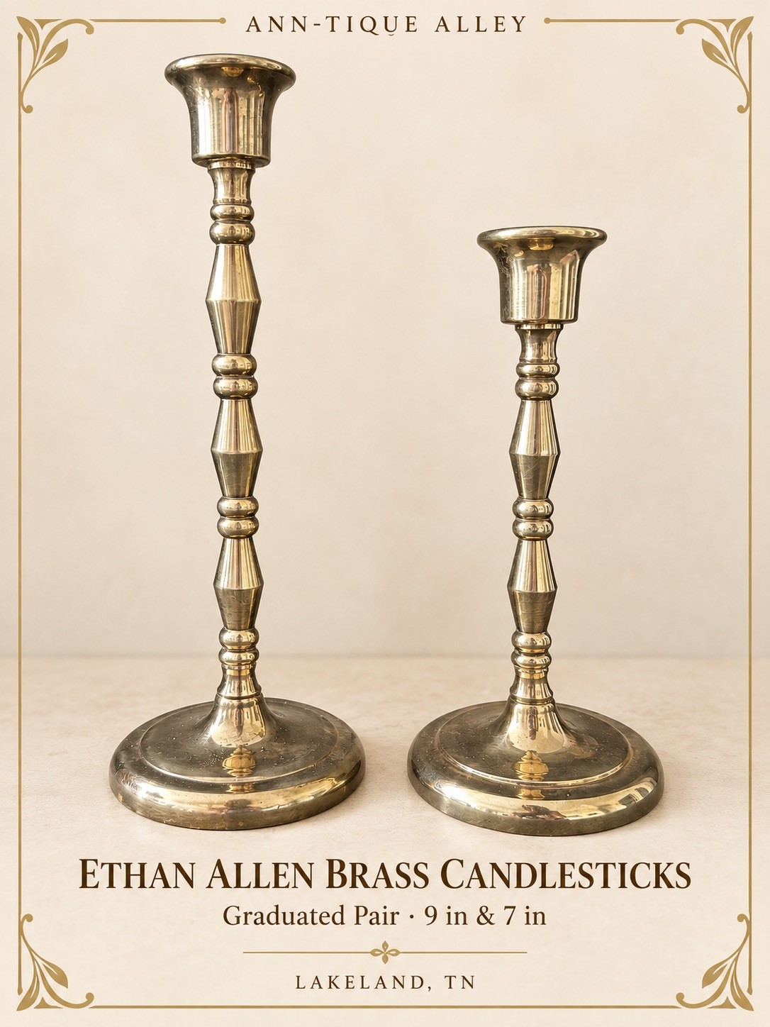 VTG Pair of Ethan Allen Brass Candlesticks Graduated 9” & 7” Taper Holders VTG Pair of Ethan Allen Brass Candlesticks Graduated 9” & 7” Taper Holders