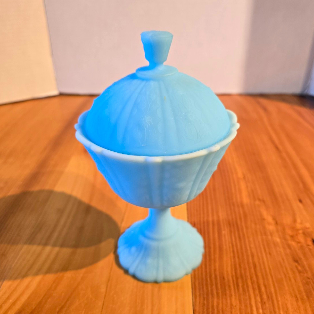 Vintage Fenton Blue Satin Cabbage Rose Pedestal Compote Candy Dish 9 Vintage Fenton Blue Satin Cabbage Rose Pedestal Compote Candy Dish 9