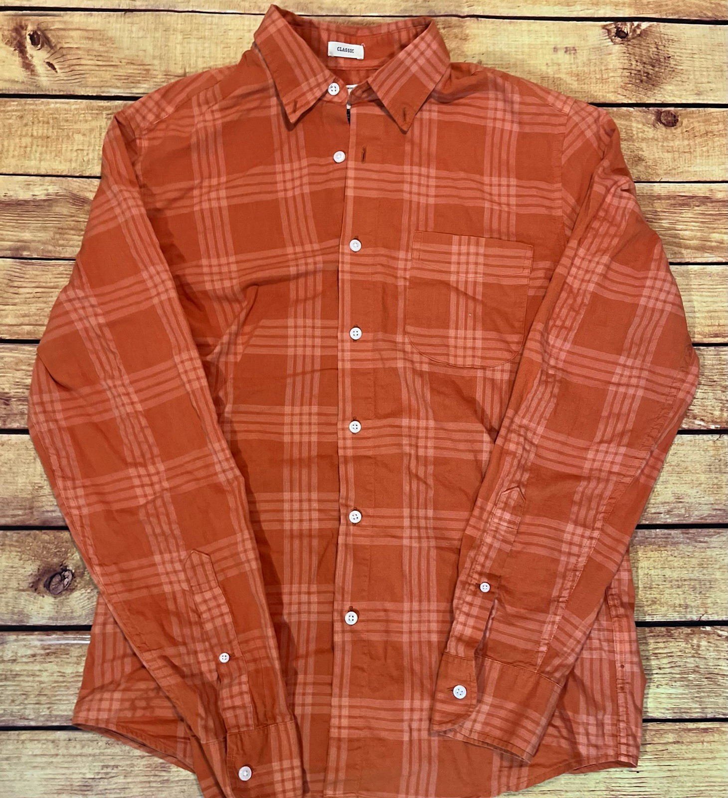 J.Crew Men\'s Classic Fit Orange Plaid Flannel Cotton Button-Up Shirt S Pockets J.Crew Men\'s Classic Fit Orange Plaid Flannel Cotton Button-Up Shirt S Pockets