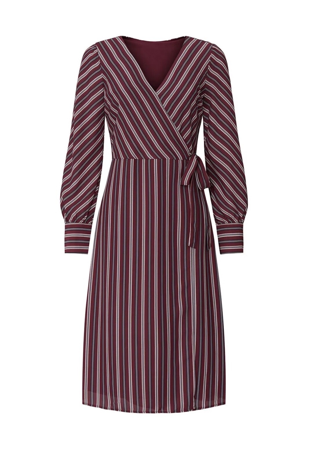 CHELSEA28 Striped Midi Wrap Dress Long Sleeves V-Neck - Dark Red Size XS