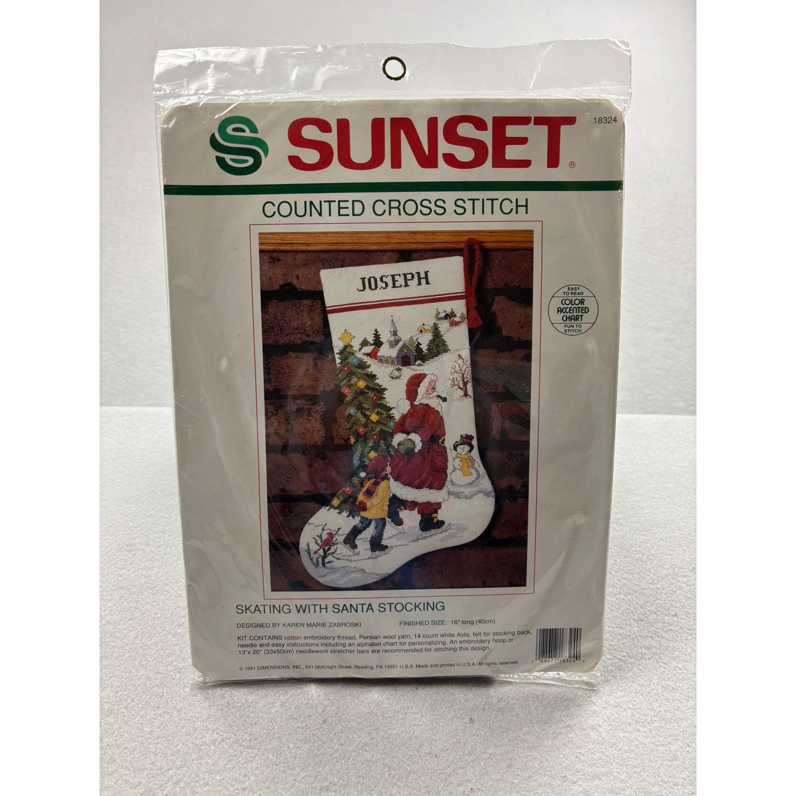 Vintage 1991 Sunset Skating With Santa Cross Stitch Stocking Kit 18324
