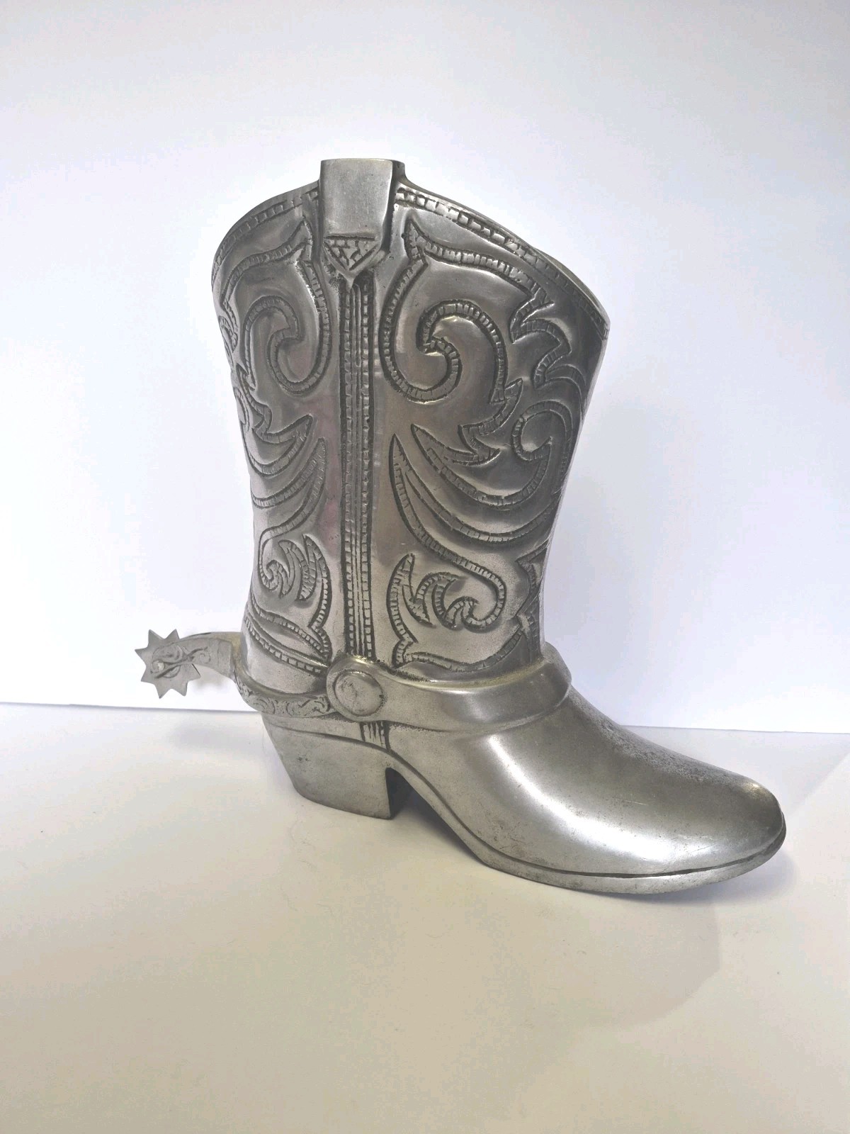 TOWLE Large Cast Metal Western Boot Vase Planter Silver with Spur Vintage TOWLE Large Cast Metal Western Boot Vase Planter Silver with Spur Vintage