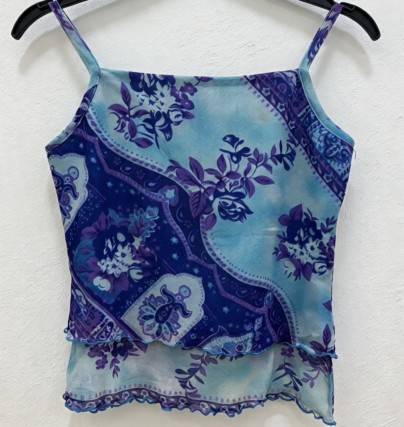 Vintage Y2K Sheer Layered Cami Tank Top Blue Purple Floral Paisley Print -S/M