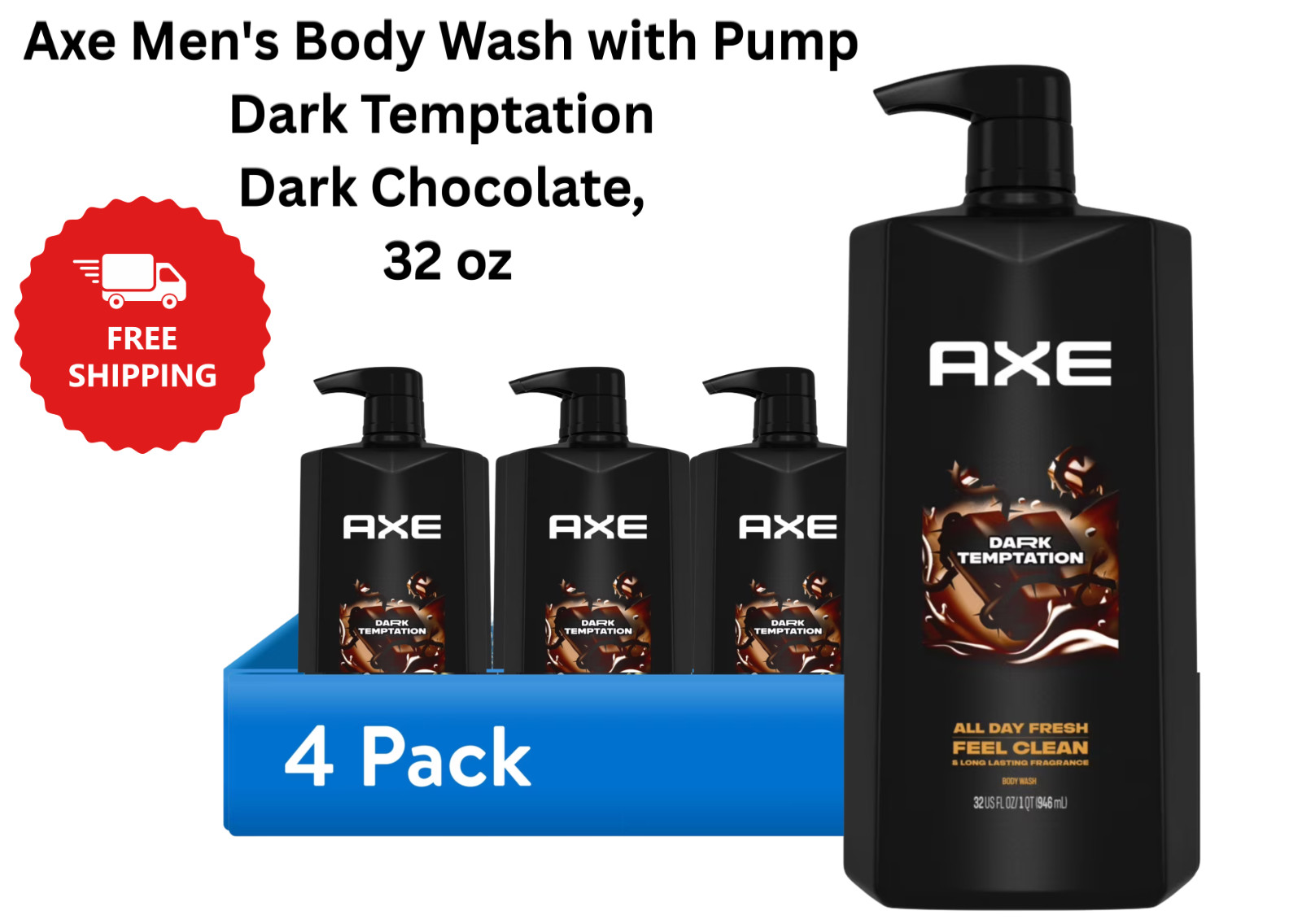 Axe Dark Temptation Refreshing Long Lasting Body Wash, Dark Chocolate, 4 Pack