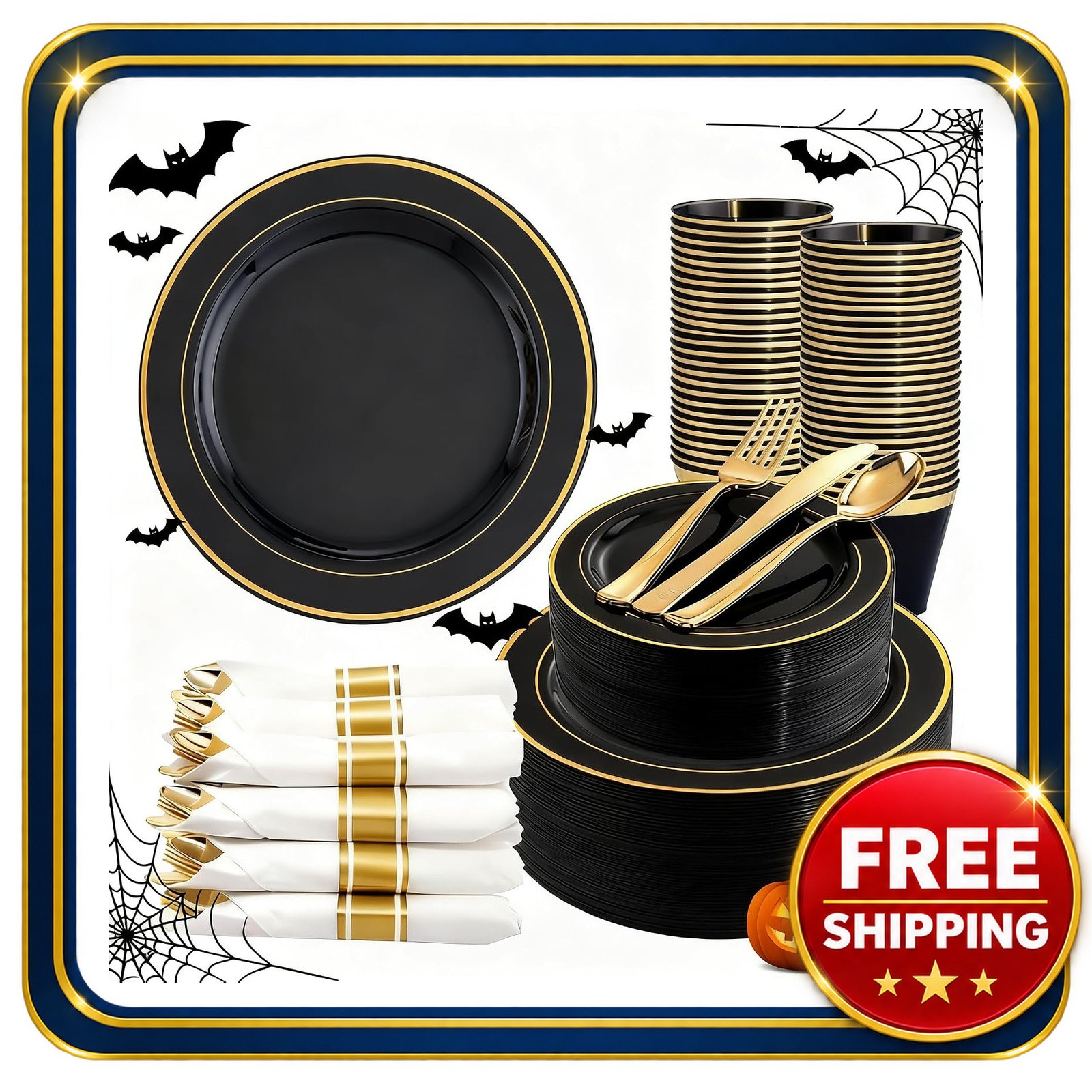 Plastic Plates Set 350 Pieces Black and Gold with Silverware for Parties Plastic Plates Set 350 Pieces Black and Gold with Silverware for Parties