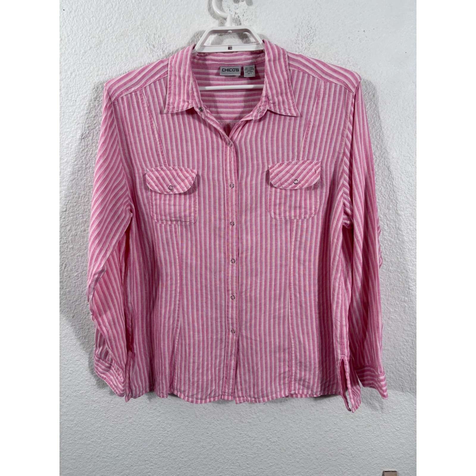 Chico\'s Button Down Women 3 Pink White Striped Linen Snap Front Long Sleeve