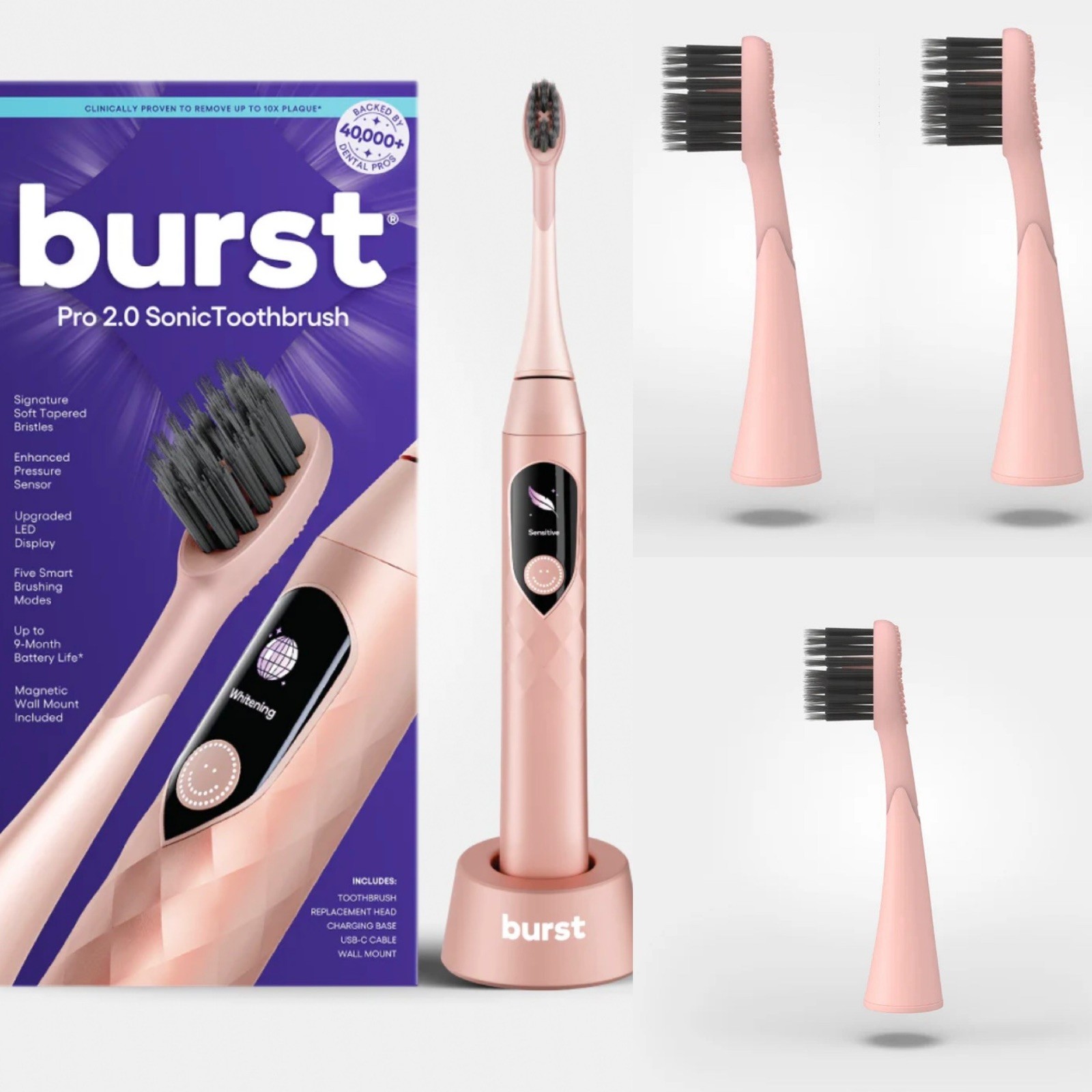 Burst Pro 2.0 Sonic Electric Toothbrush Adult Rose Gold,3 extra replacement head Burst Pro 2.0 Sonic Electric Toothbrush Adult Rose Gold,3 extra replacement head