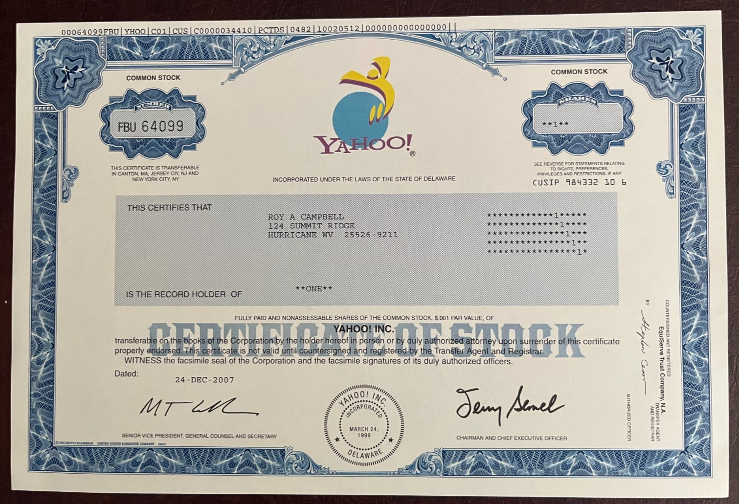 2007 YAHOO Stock Certificate - 1 Share  TERRY SEMEL facsimile  Immaculate